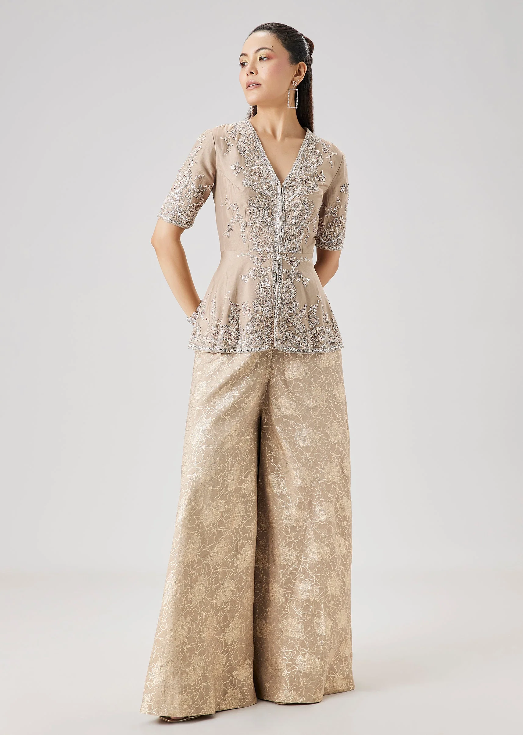 Beige Embellished Peplum Kurta And Jacquard Palazzo Set - Image 3