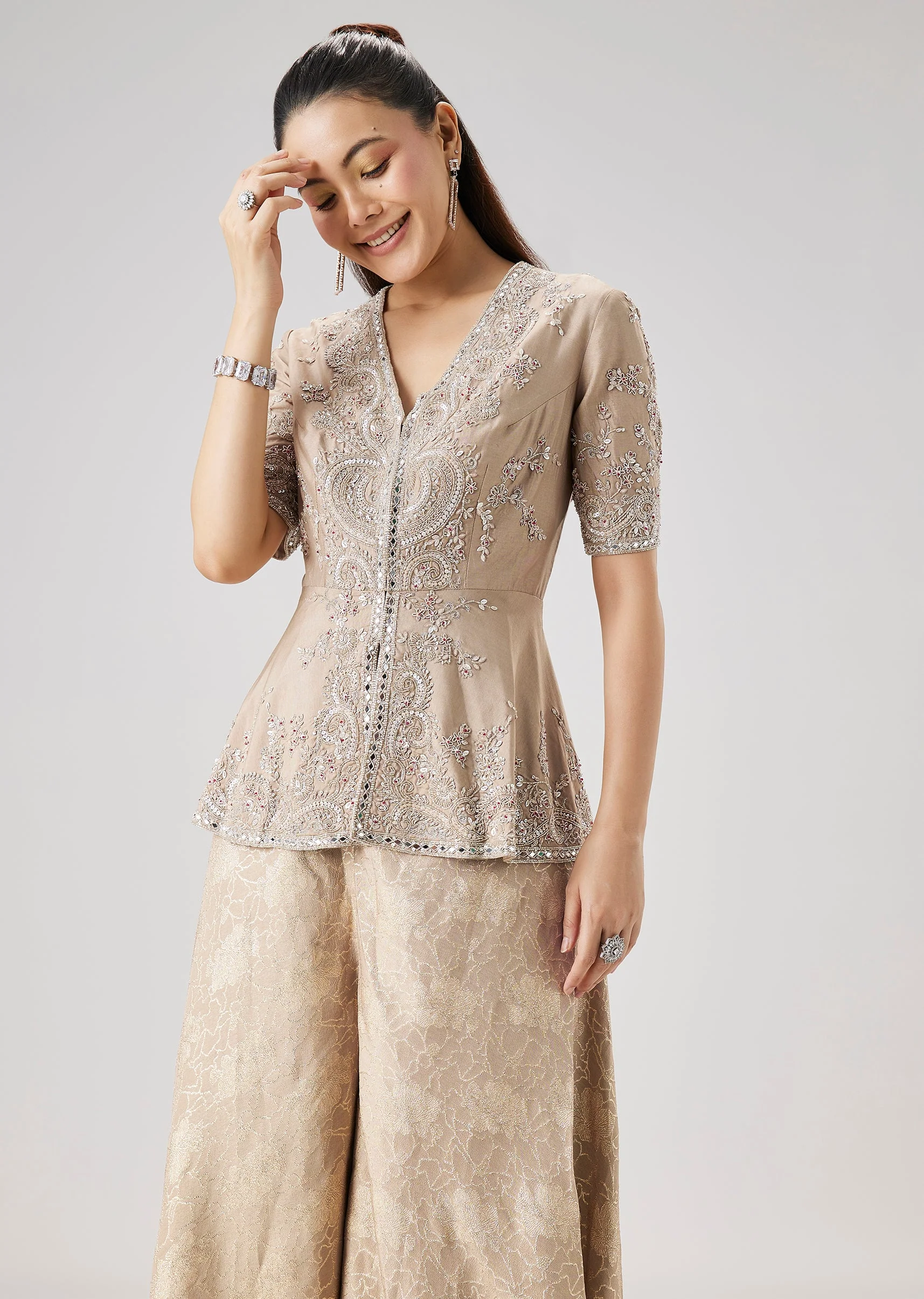 Beige Embellished Peplum Kurta And Jacquard Palazzo Set - Image 4