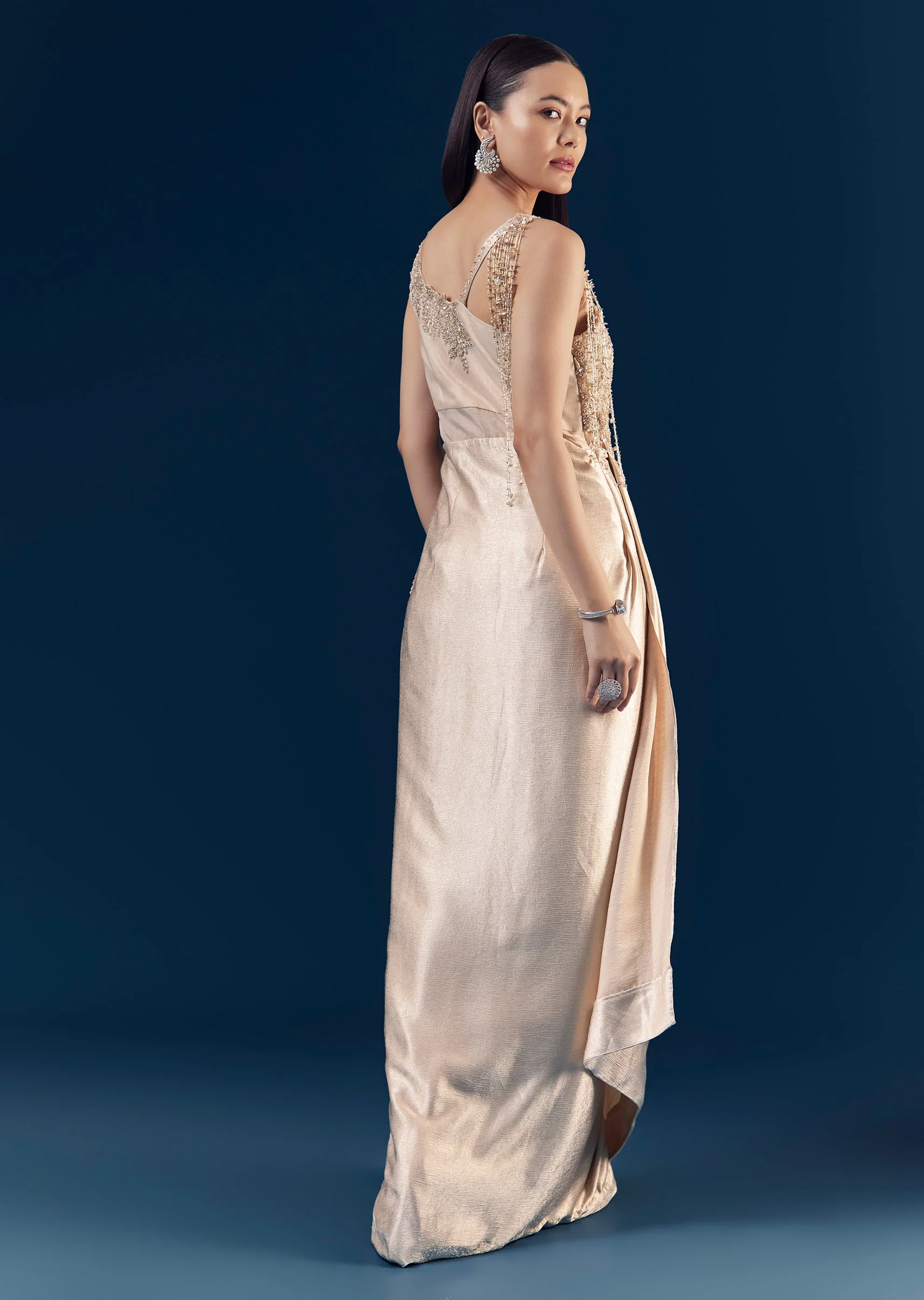 Beige Embellished Satin Draped Gown - Image 2
