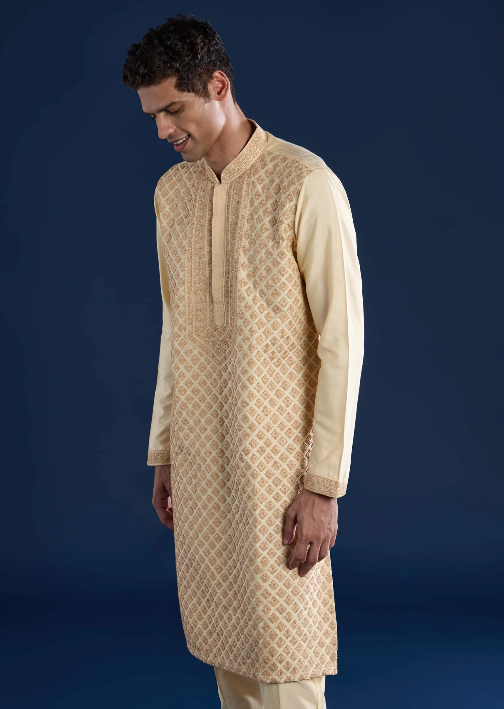 Beige Embroidered Banarsi Silk Mens Kurta and Pant Set - Image 4