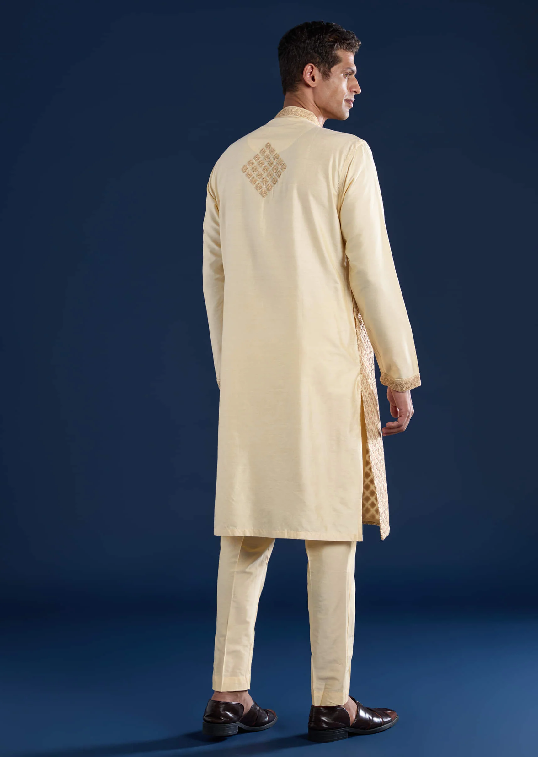 Beige Embroidered Banarsi Silk Mens Kurta and Pant Set - Image 5