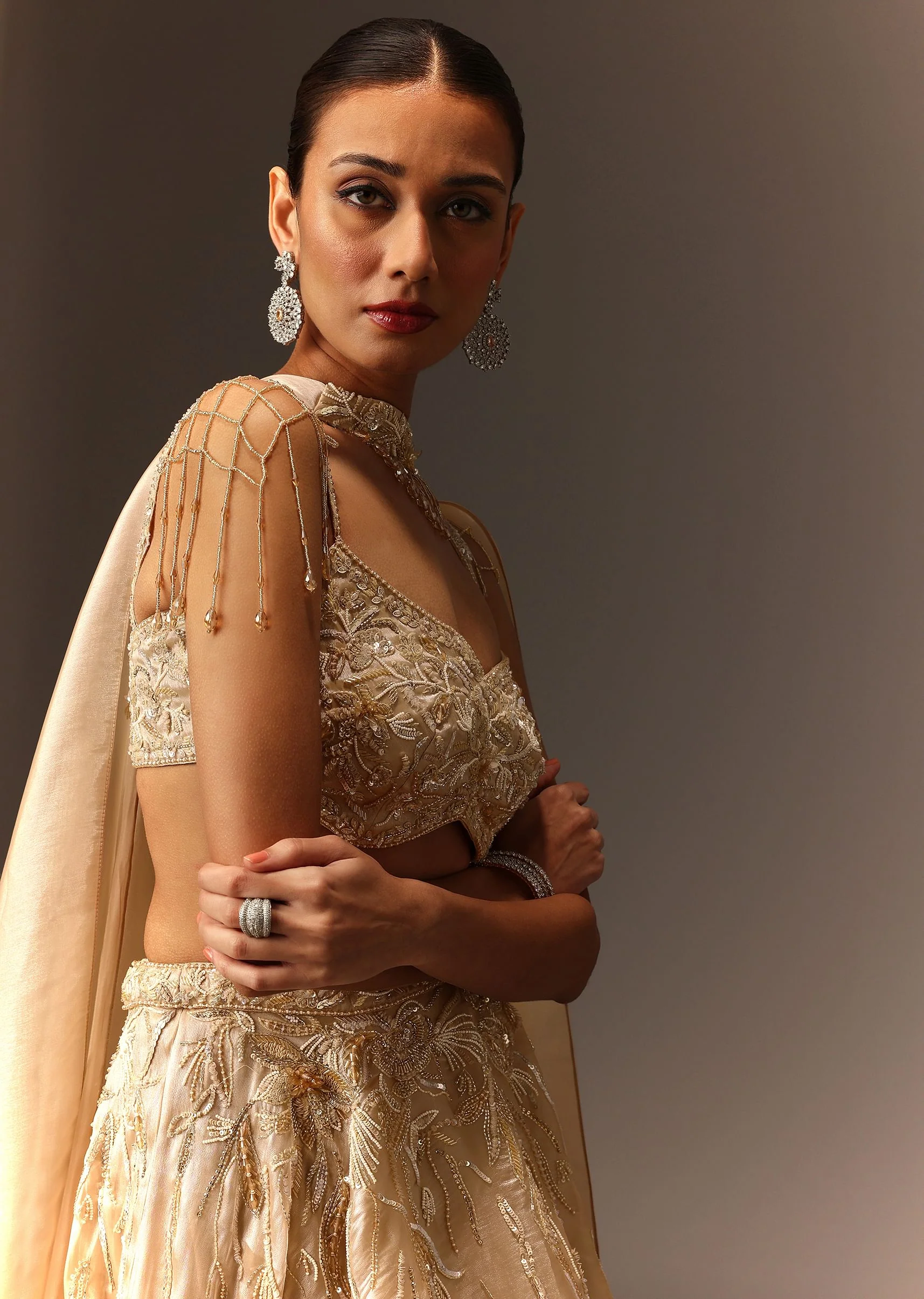 Beige Embroidered Blouse With Skirt And Choker Dupatta - Image 2