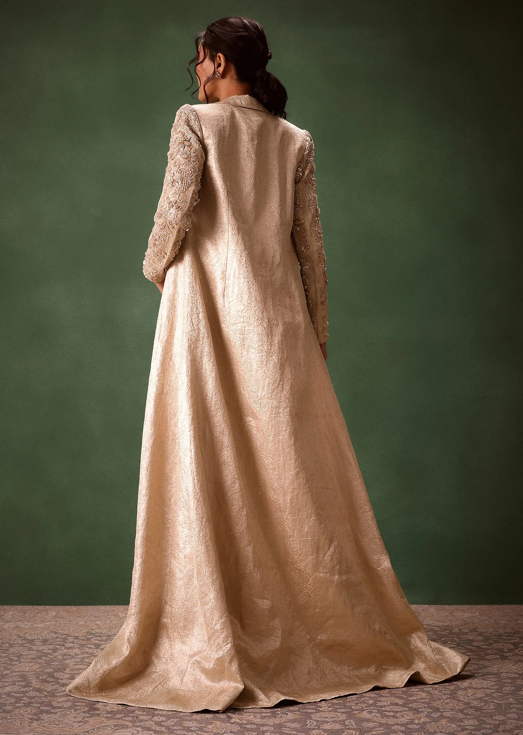 Beige Embroidered Brocade Corset With Long Blazer And Dhoti Pant - Image 2