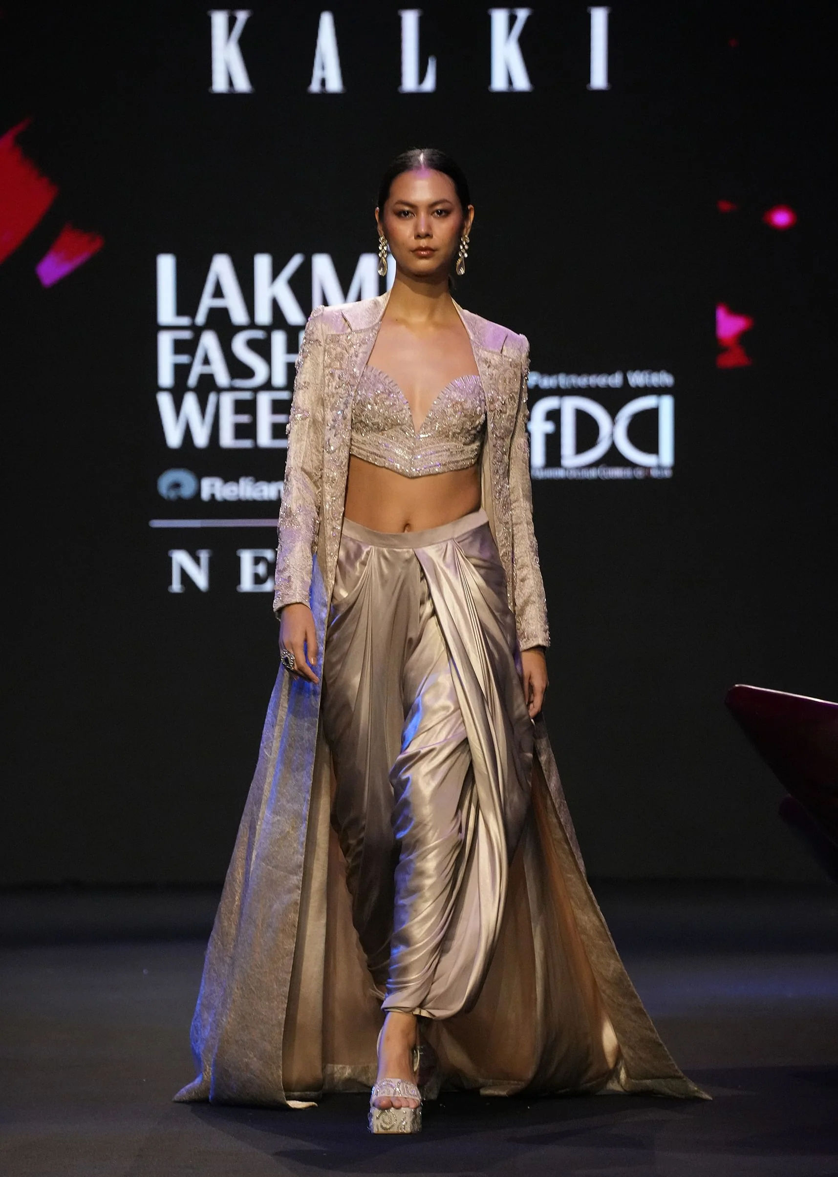 Beige Embroidered Brocade Corset With Long Blazer And Dhoti Pant - Image 3