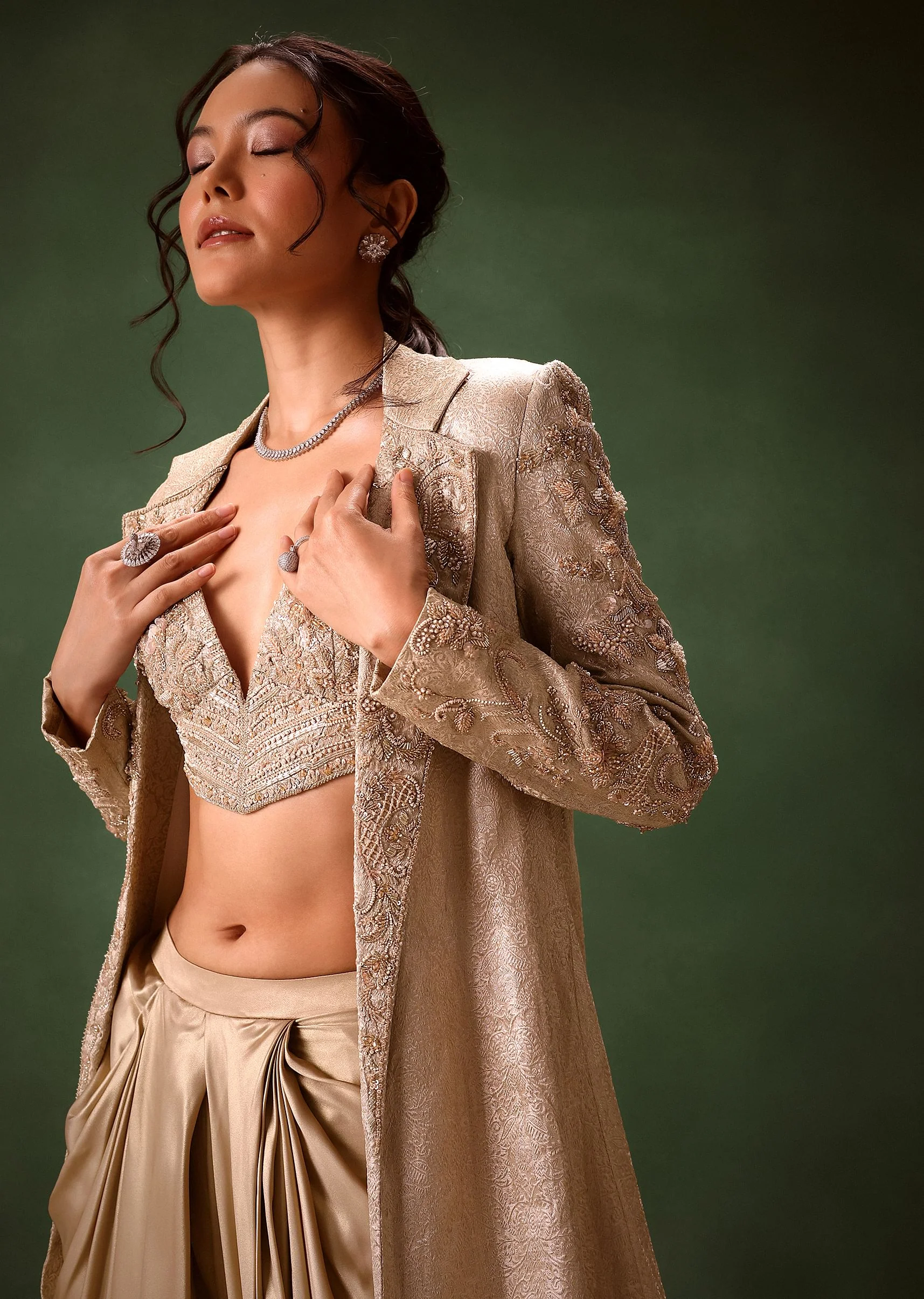 Beige Embroidered Brocade Corset With Long Blazer And Dhoti Pant - Image 4