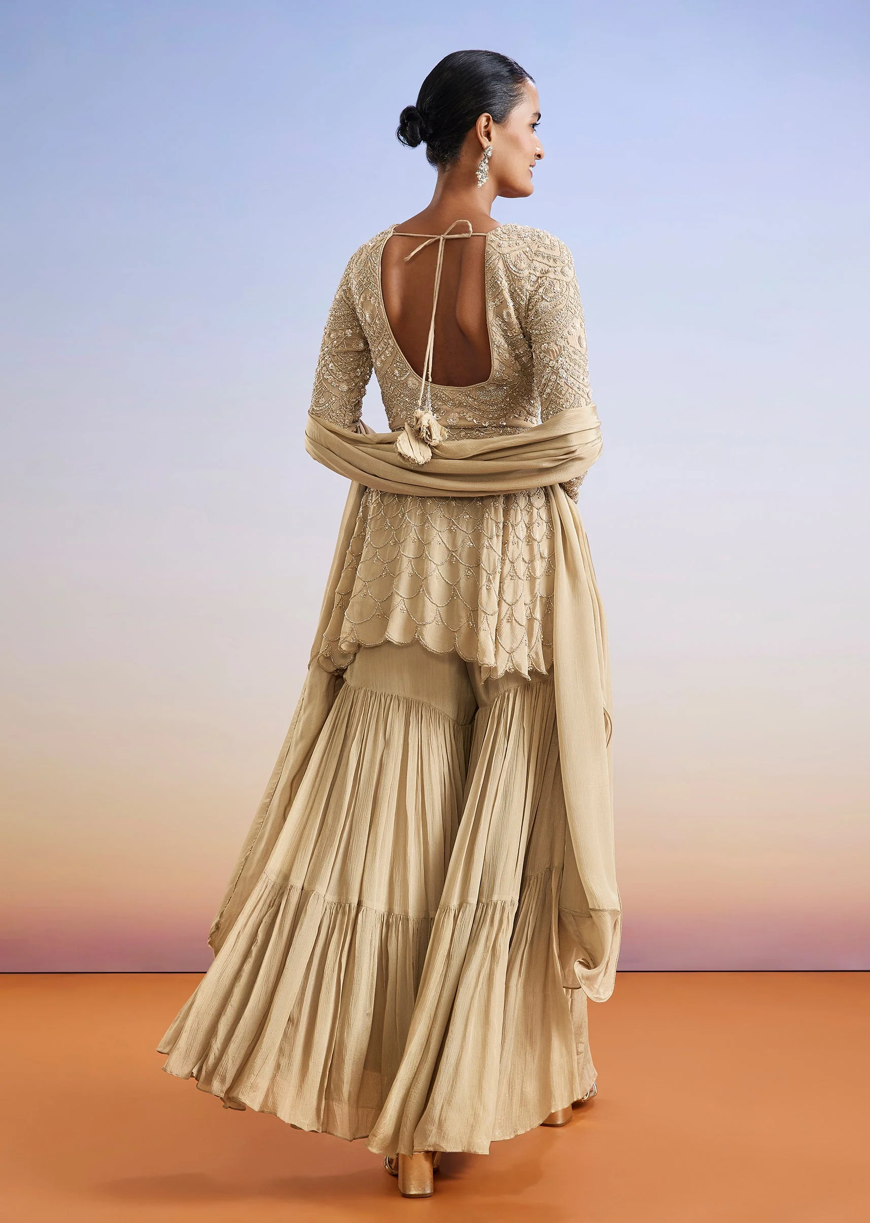Beige Embroidered Chinon Peplum Sharara Suit With Dupatta - Image 5