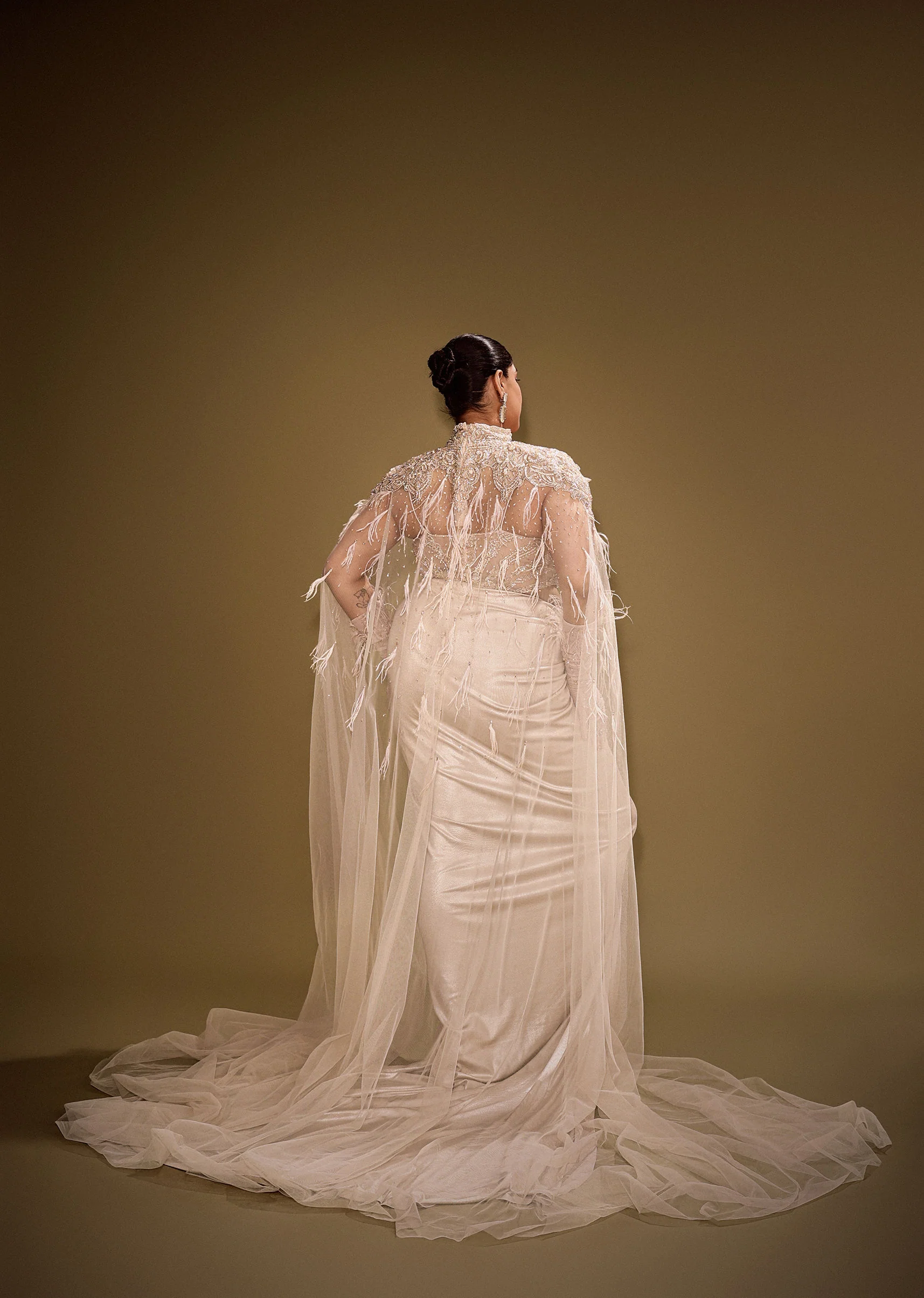 Beige Embroidered Drape Gown With Full Length Embroidered Cape - Image 5