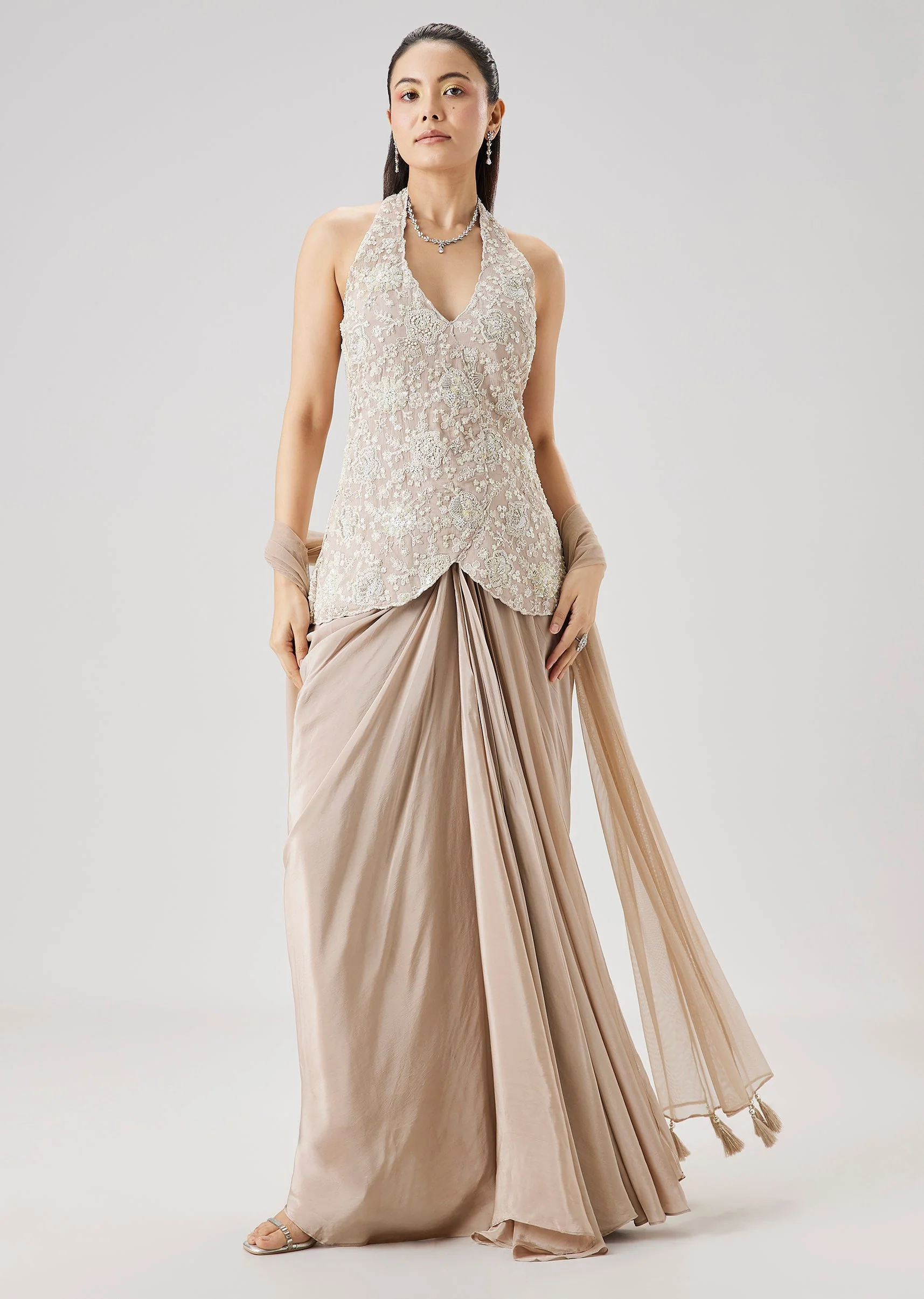 Beige Embroidered Drape Skirt Set With Dupatta - Image 3
