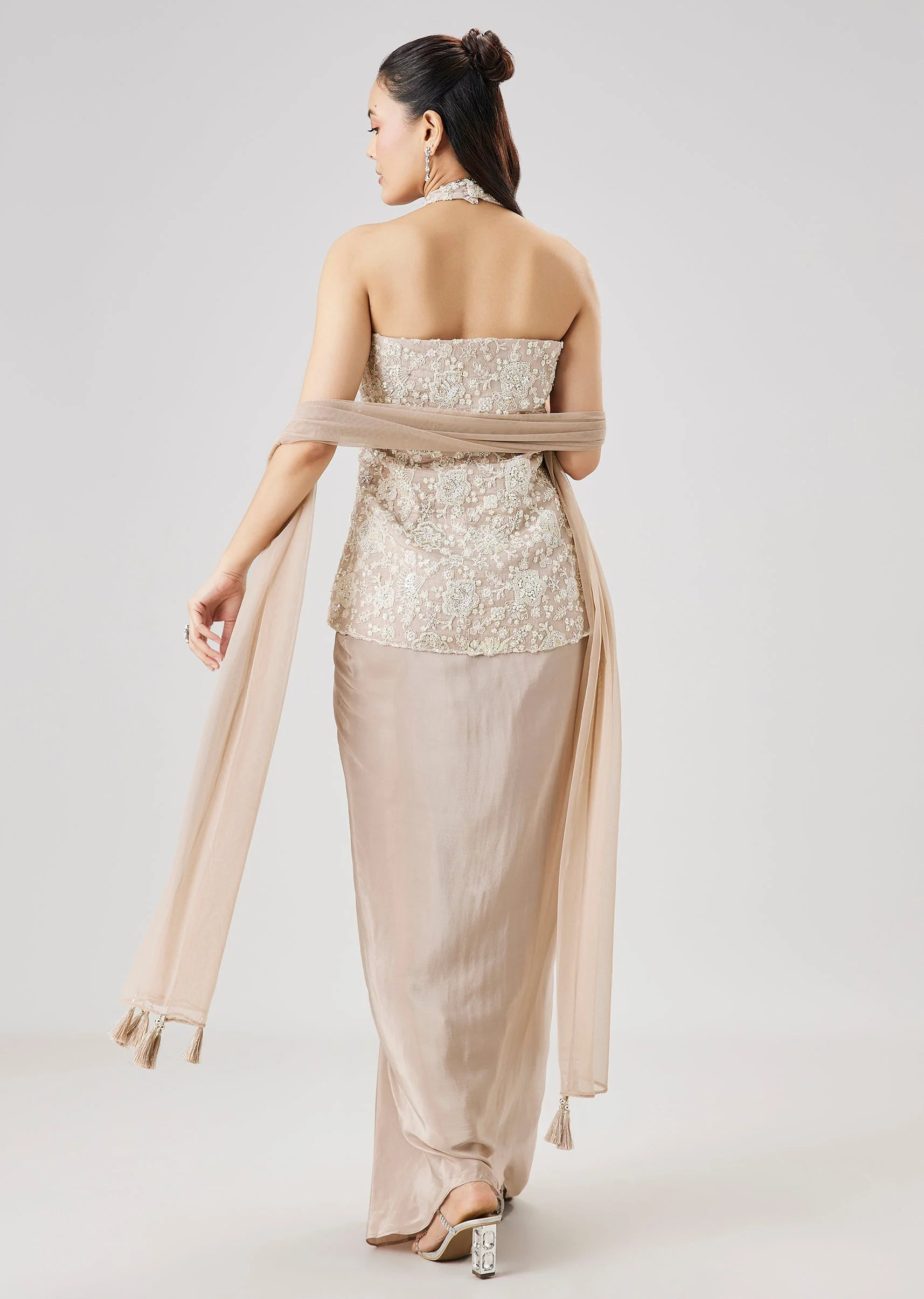 Beige Embroidered Drape Skirt Set With Dupatta - Image 5