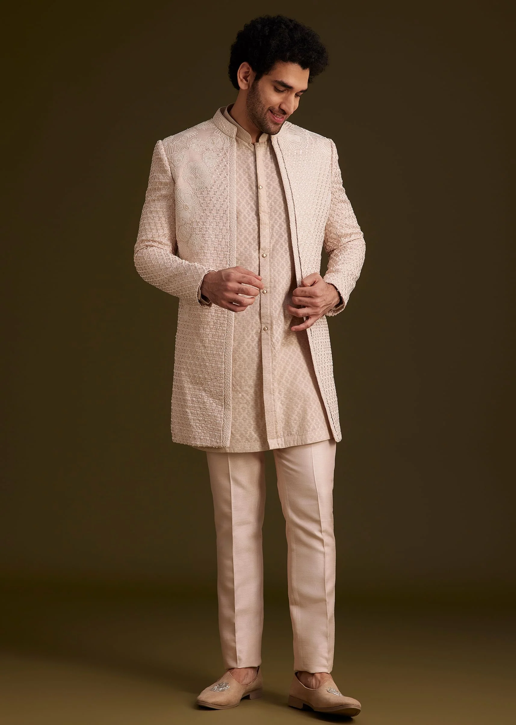 Beige Embroidered Indo Western Set