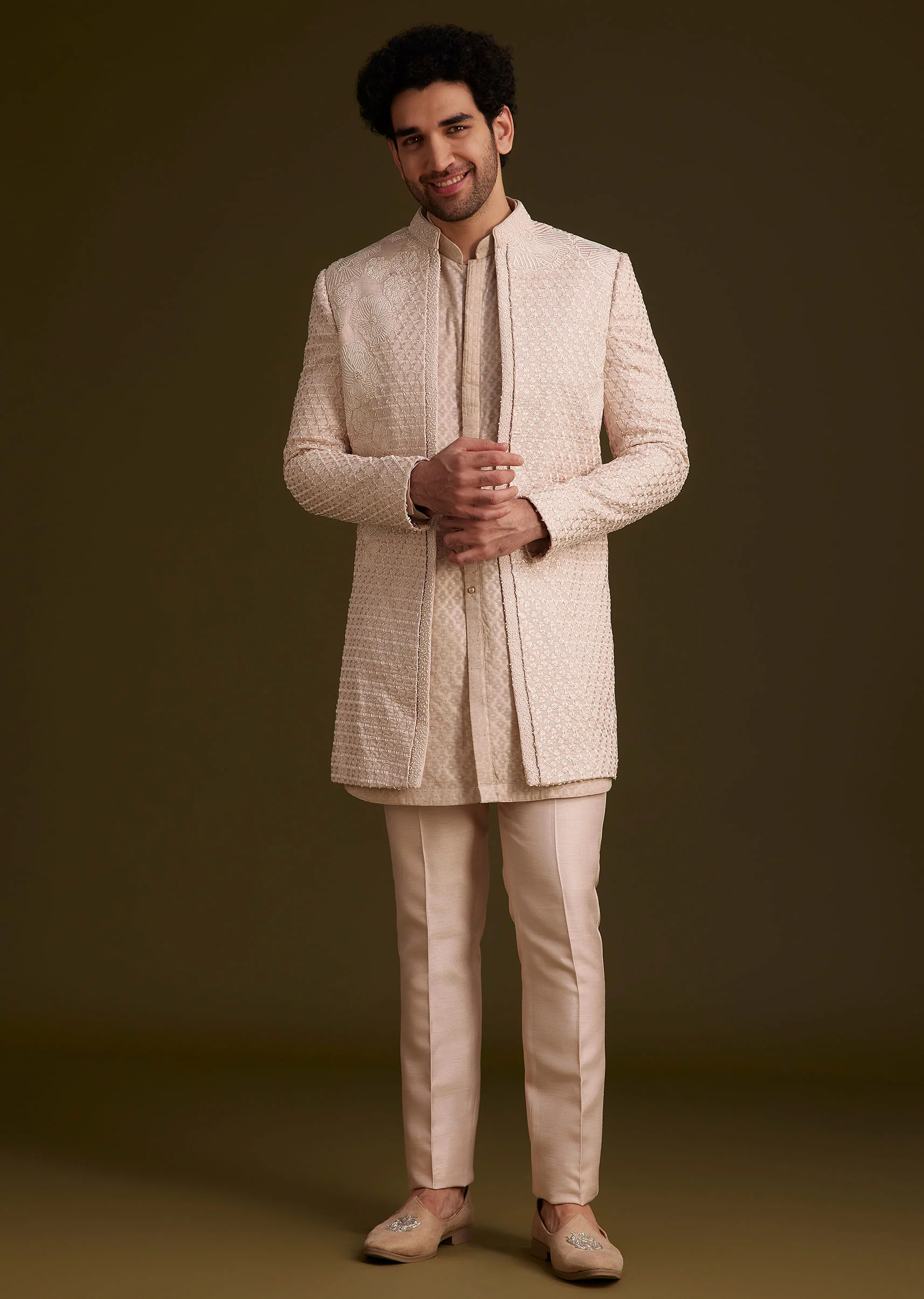 Beige Embroidered Indo Western Set - Image 3