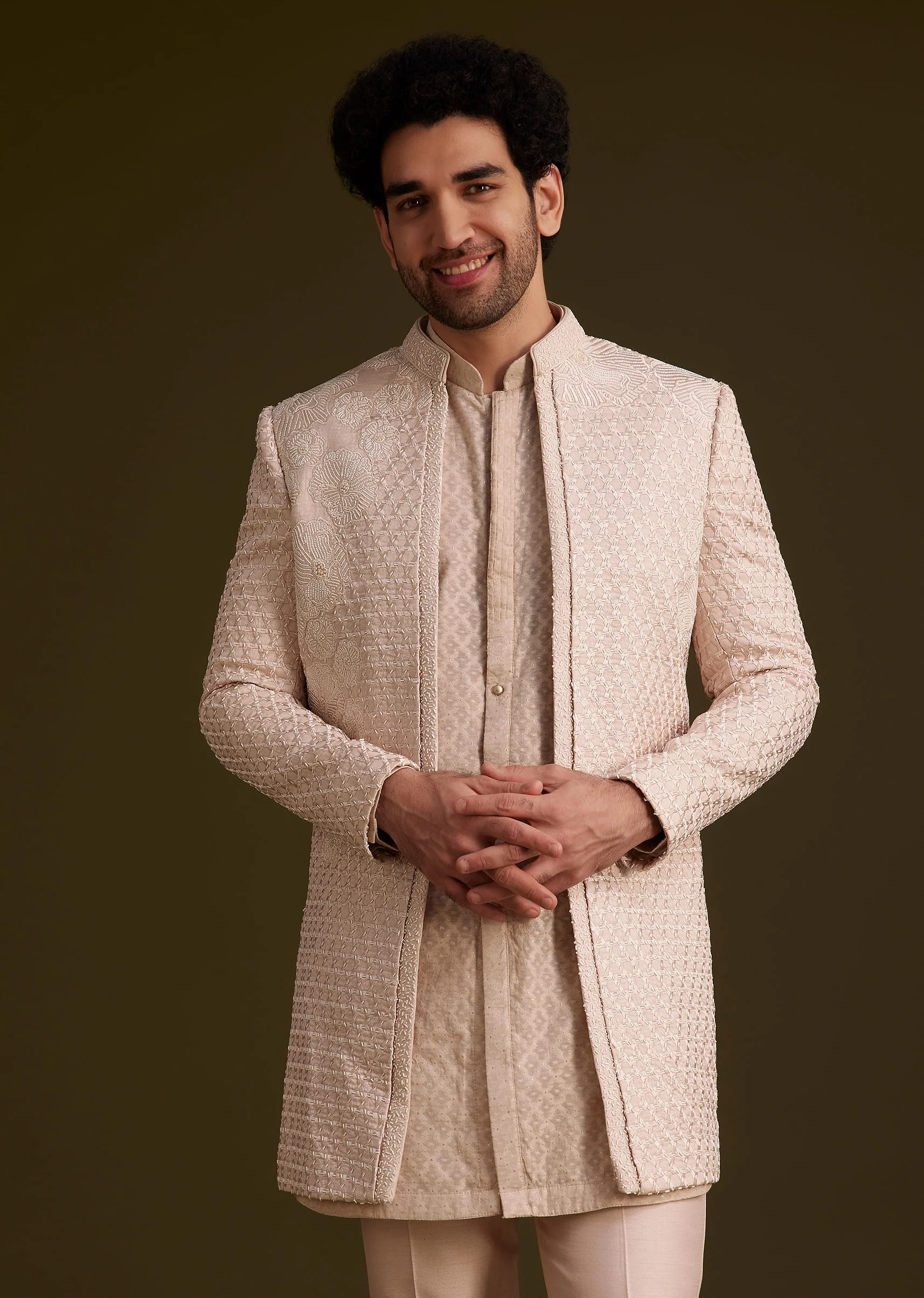 Beige Embroidered Indo Western Set - Image 4