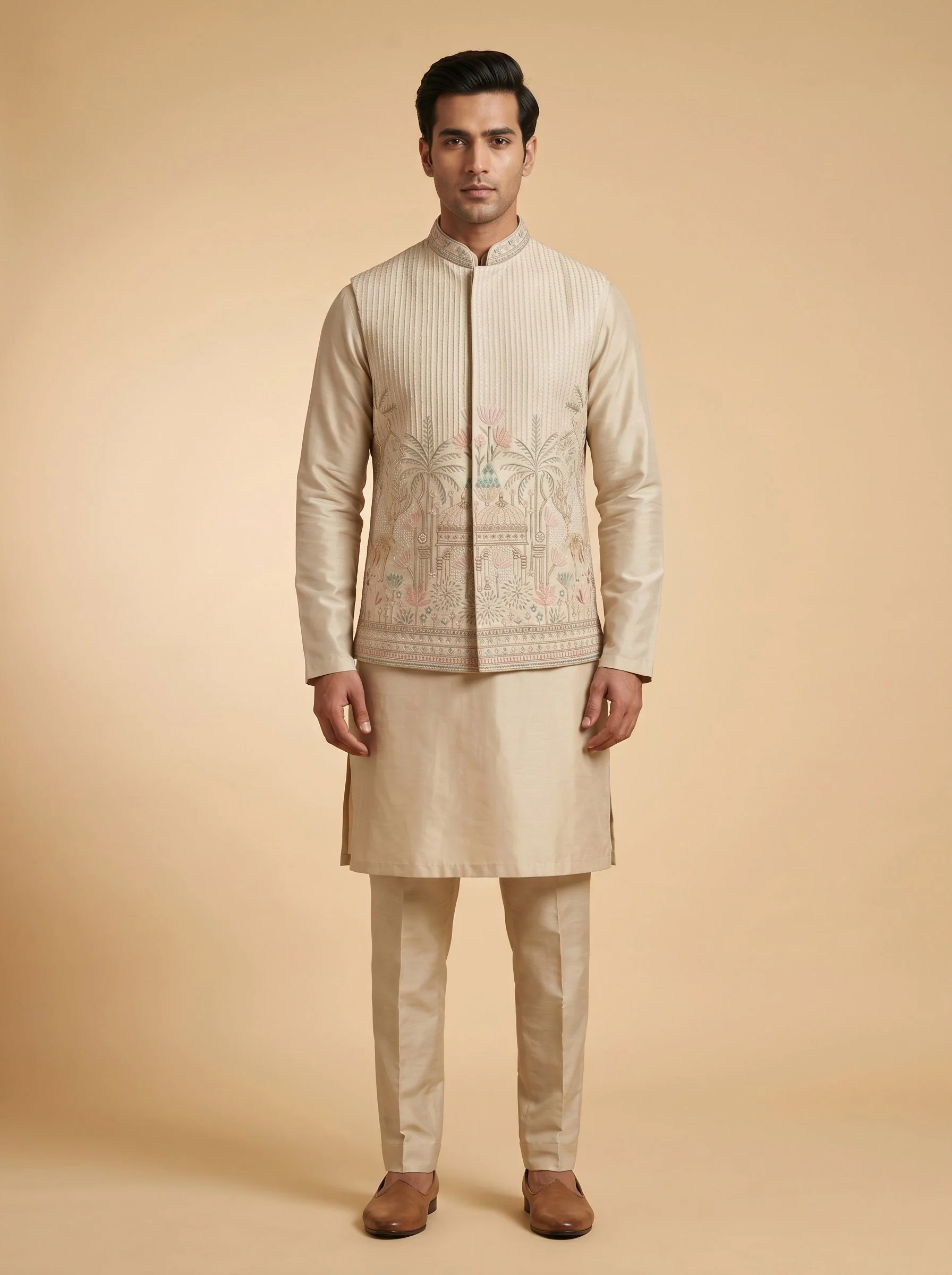 Beige Embroidered Jacket Kurta Set