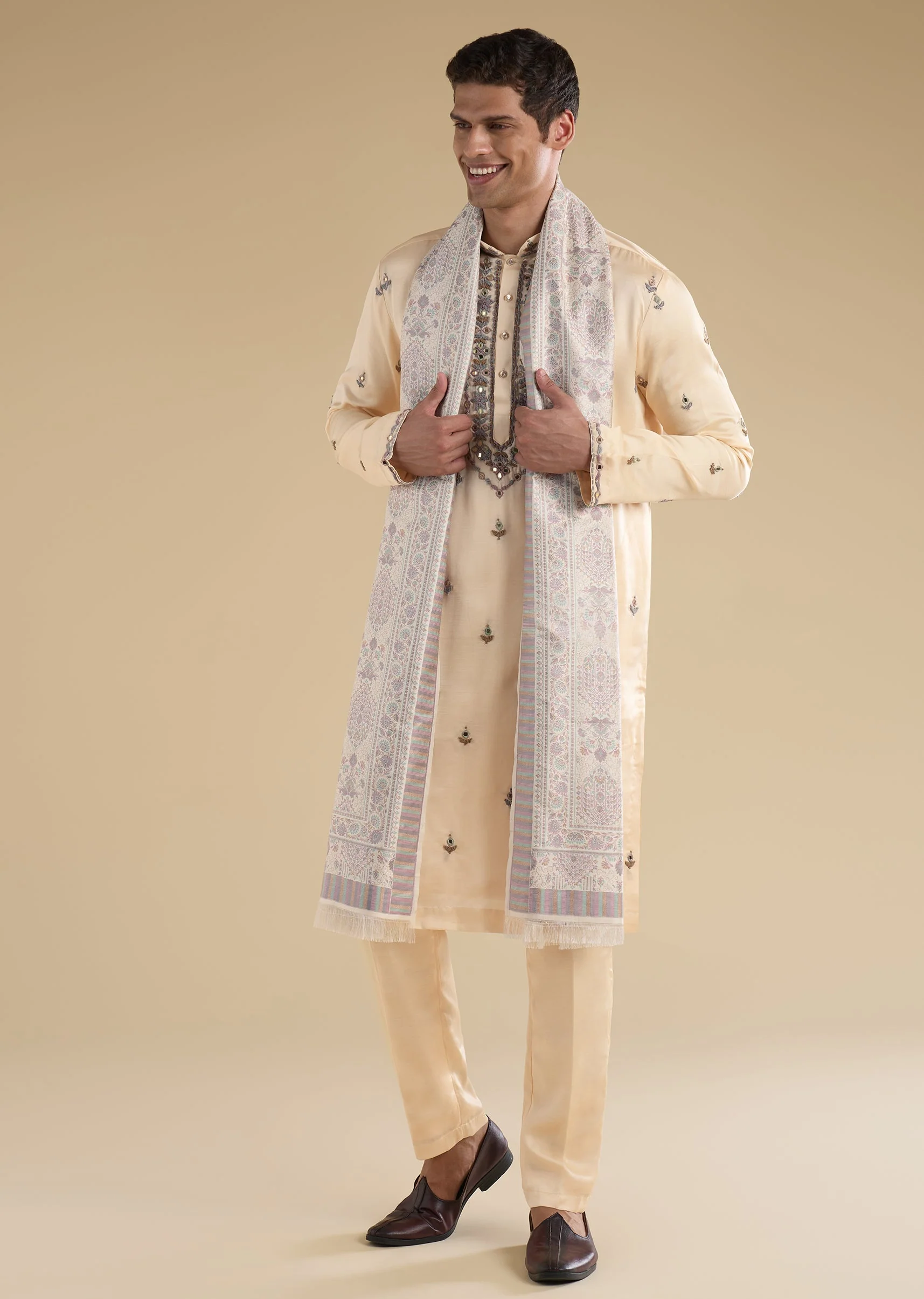 Beige Embroidered Kurta Set With Dupatta