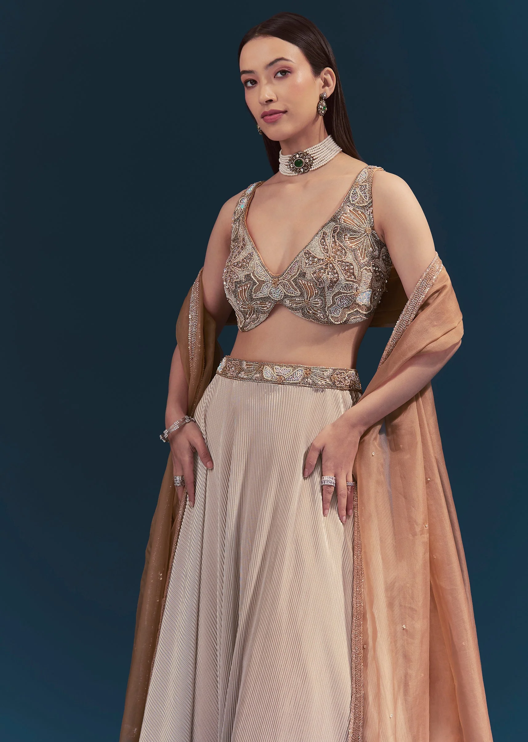 Beige Embroidered Lehenga Set With Dupatta - Image 5