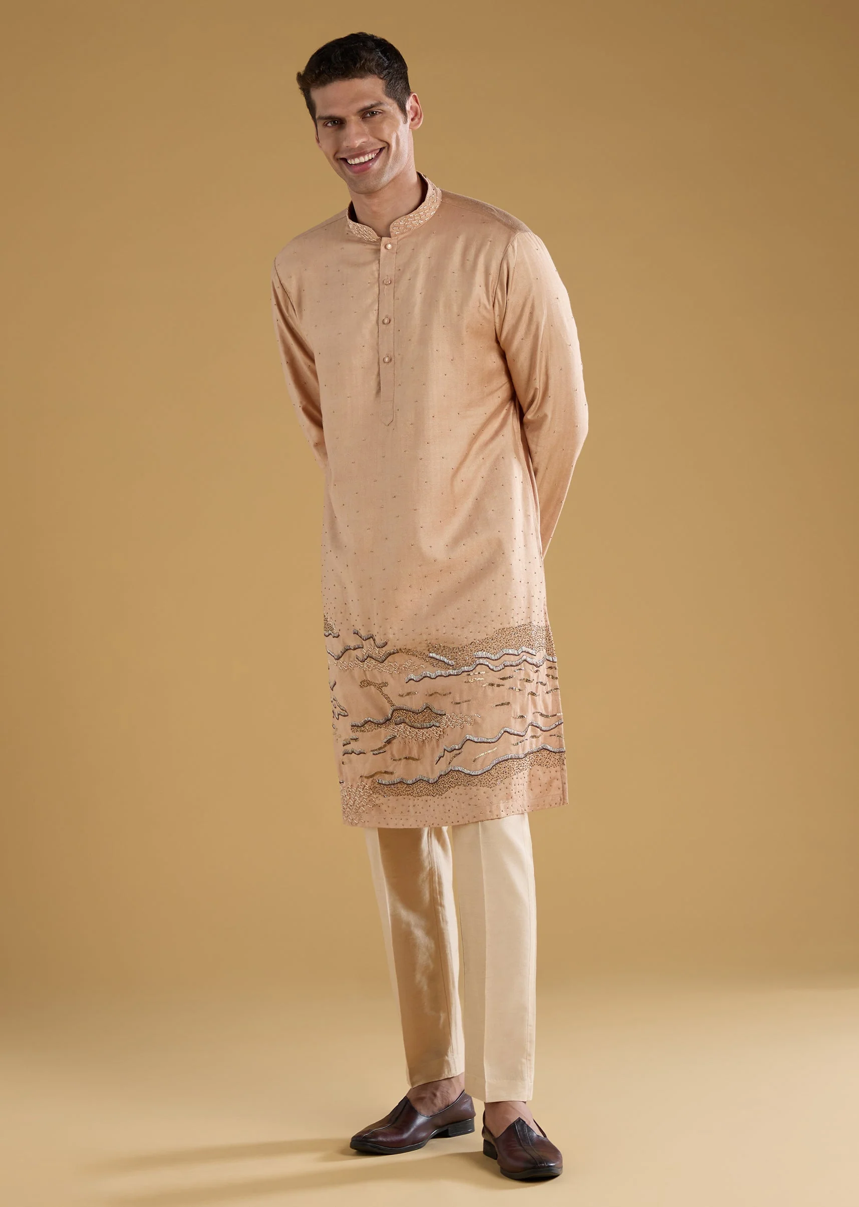 Beige Embroidered Mens Kurta Pant Set - Image 3