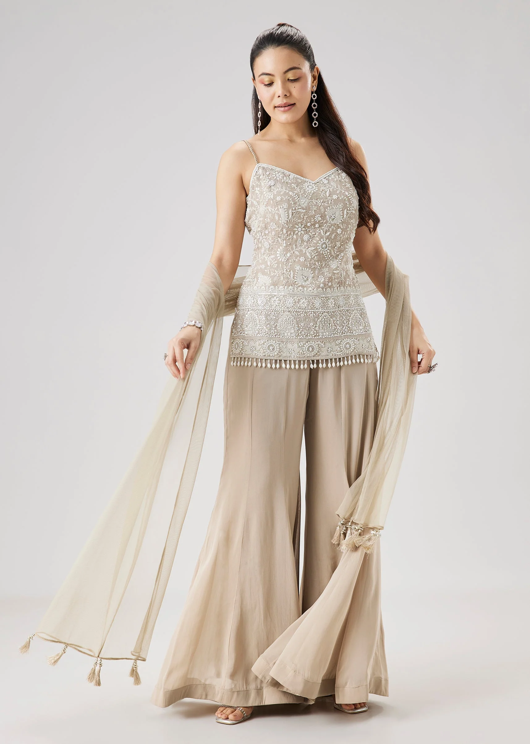Beige Embroidered Palazzo Set With Dupatta