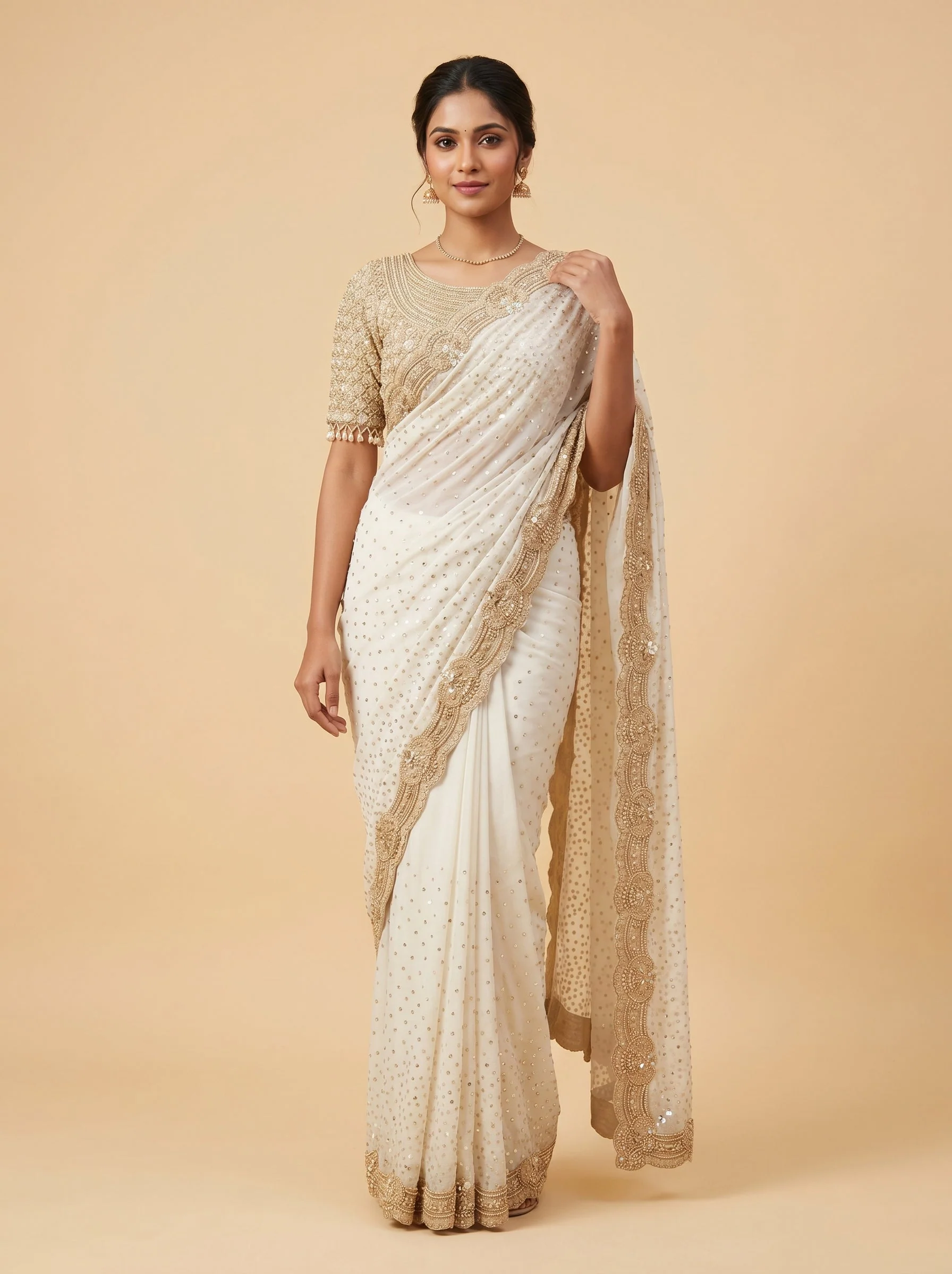 Beige embroidered saree with elegant detailing