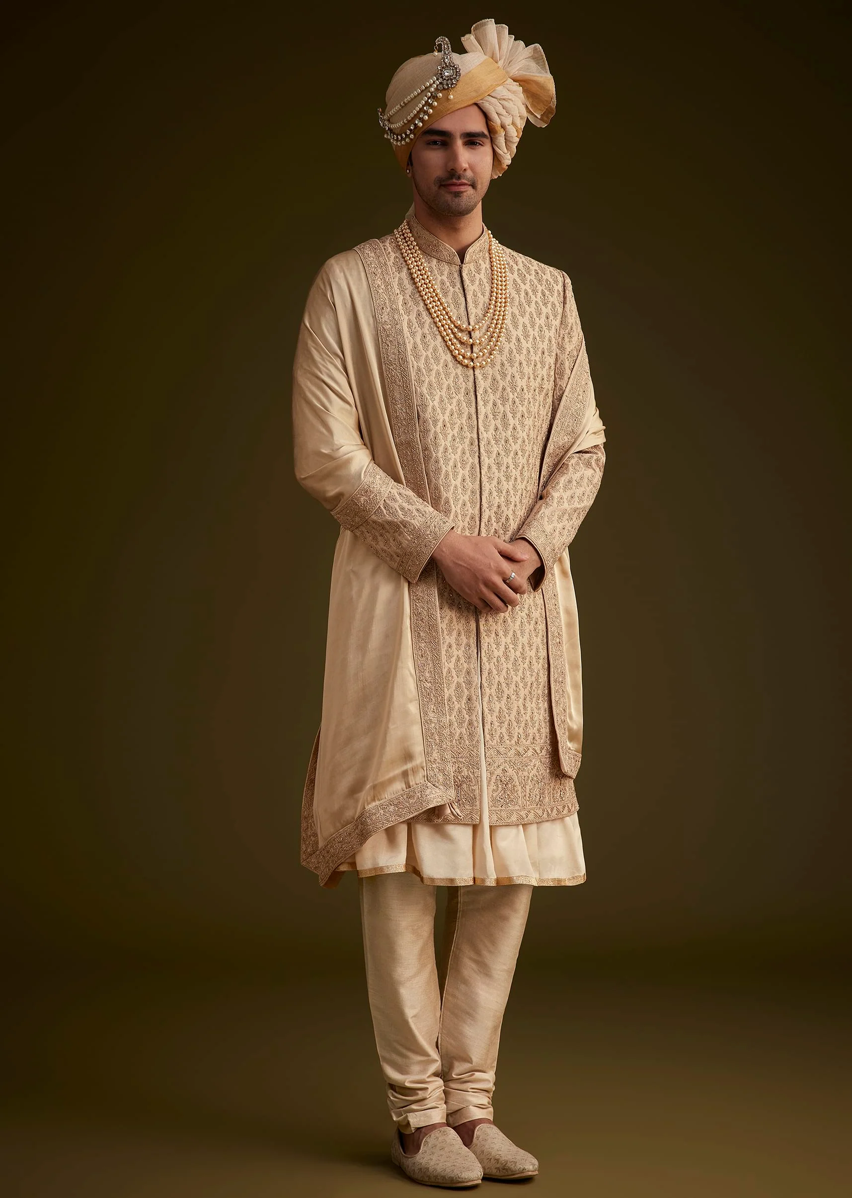 Beige Fawn Silk Sherwani Set With Embellished Dupatta Border