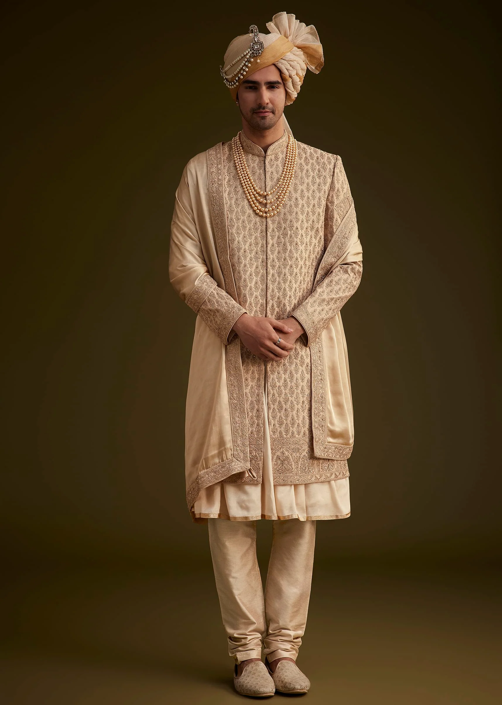 Beige Fawn Silk Sherwani Set With Embellished Dupatta Border - Image 3