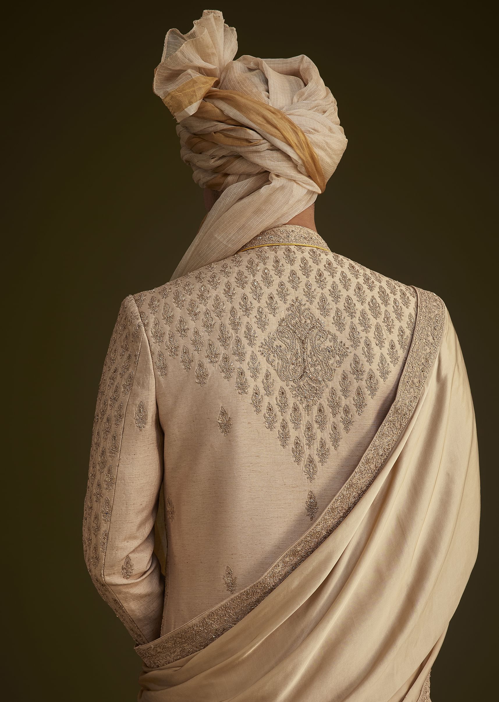 Beige Fawn Silk Sherwani Set With Embellished Dupatta Border - Image 4