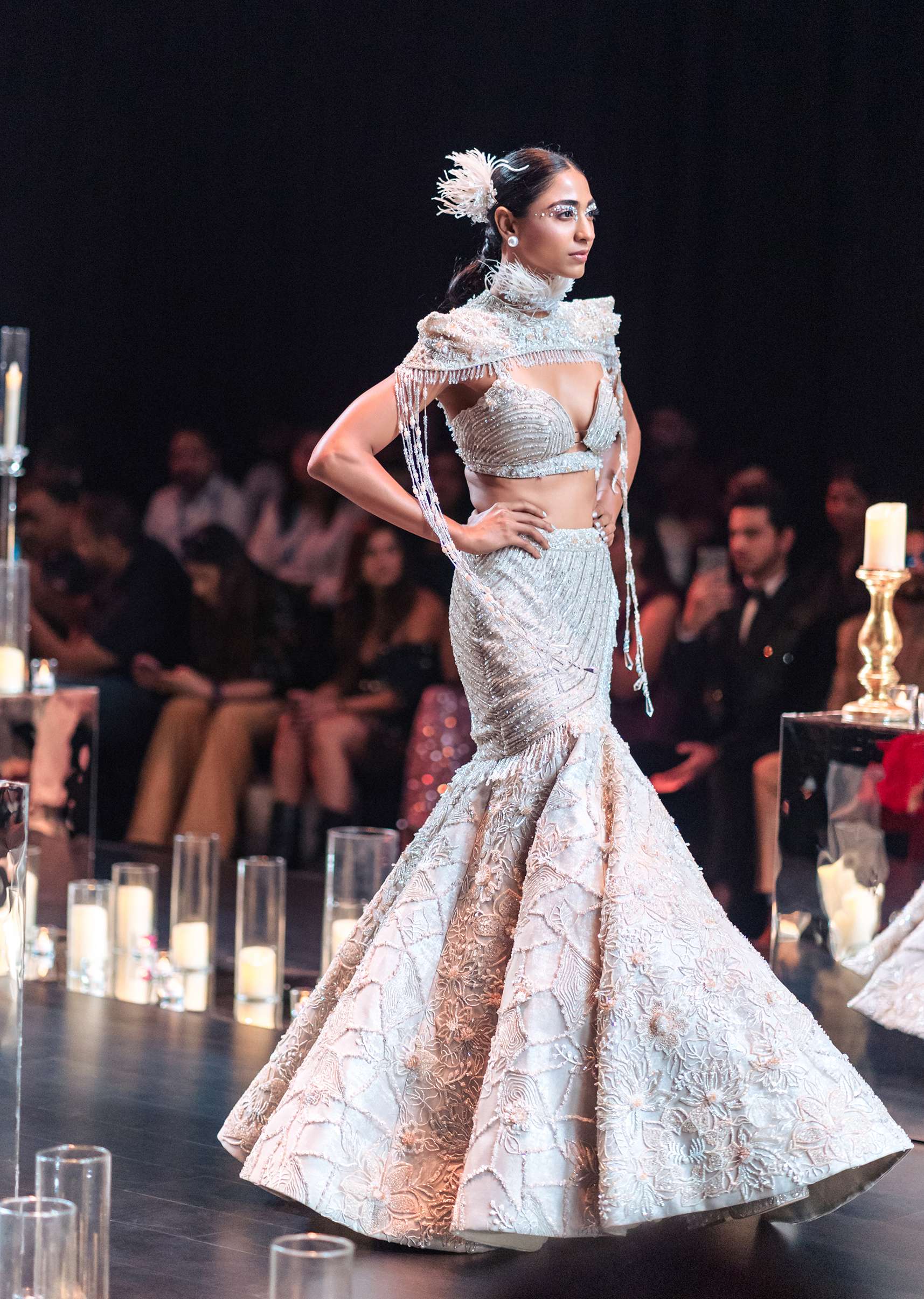Beige Fish-Cut Lehenga And Cape Set With Crystal Tassels - Image 3