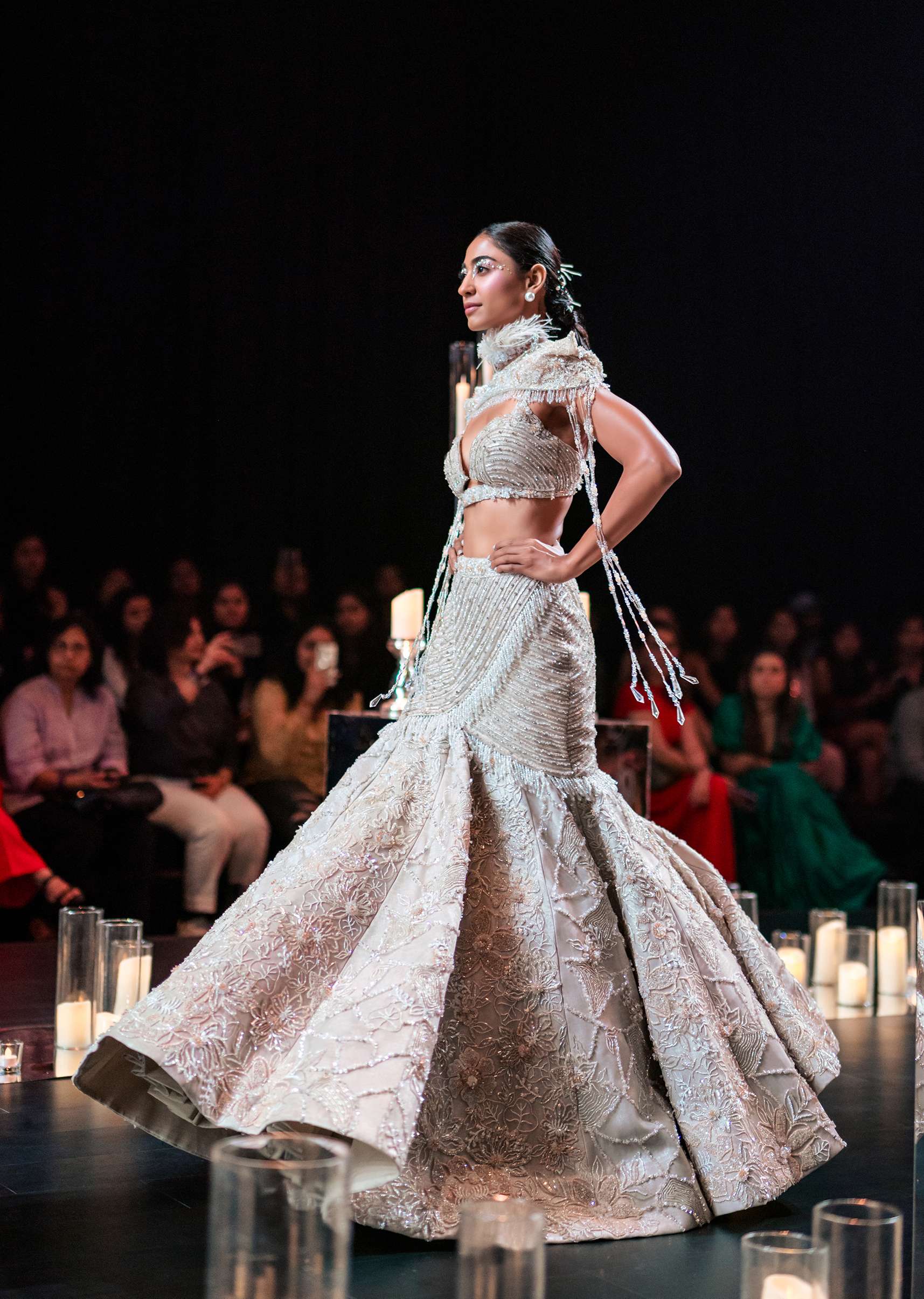 Beige Fish-Cut Lehenga And Cape Set With Crystal Tassels - Image 4