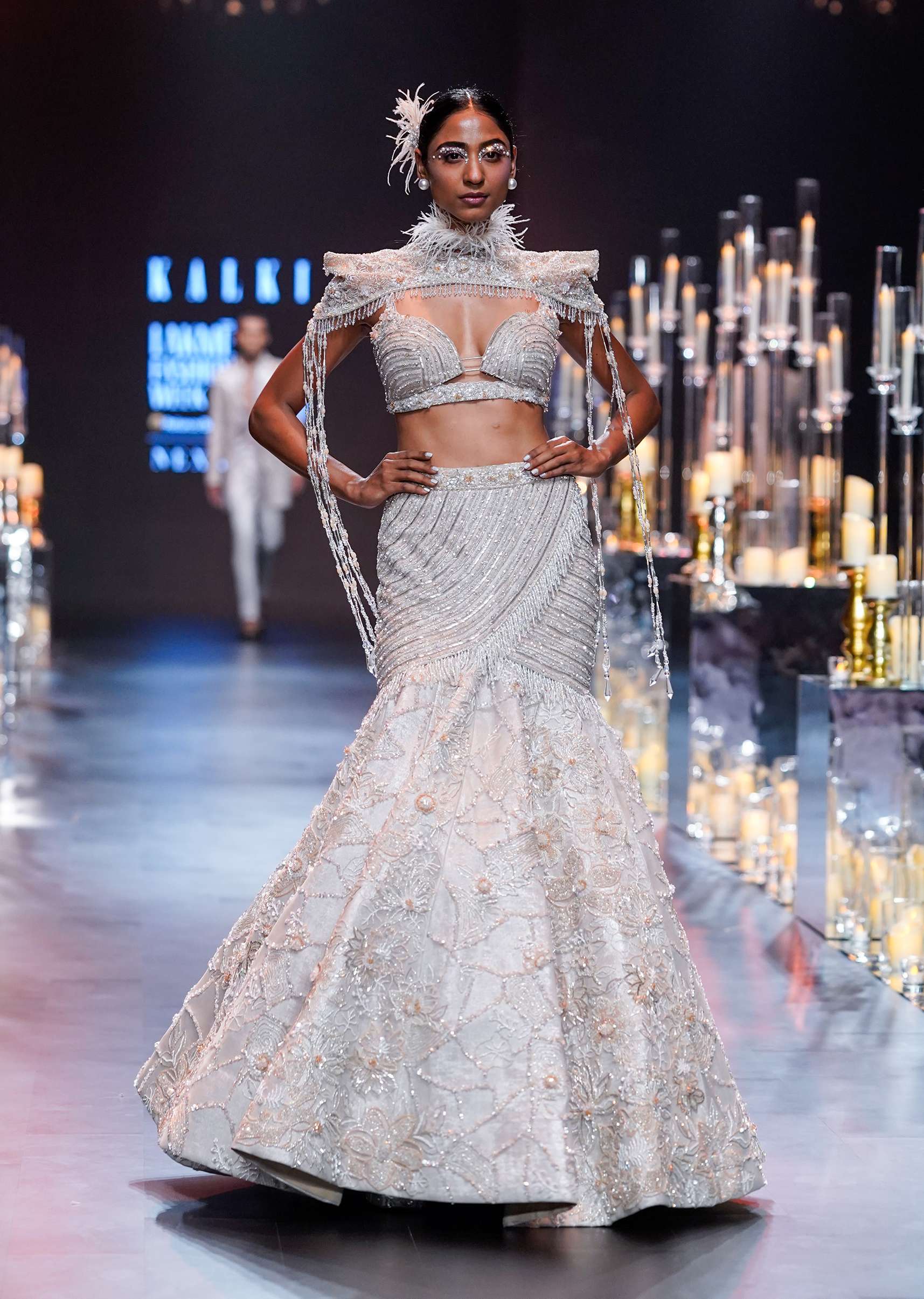 Beige Fish-Cut Lehenga And Cape Set With Crystal Tassels - Image 5