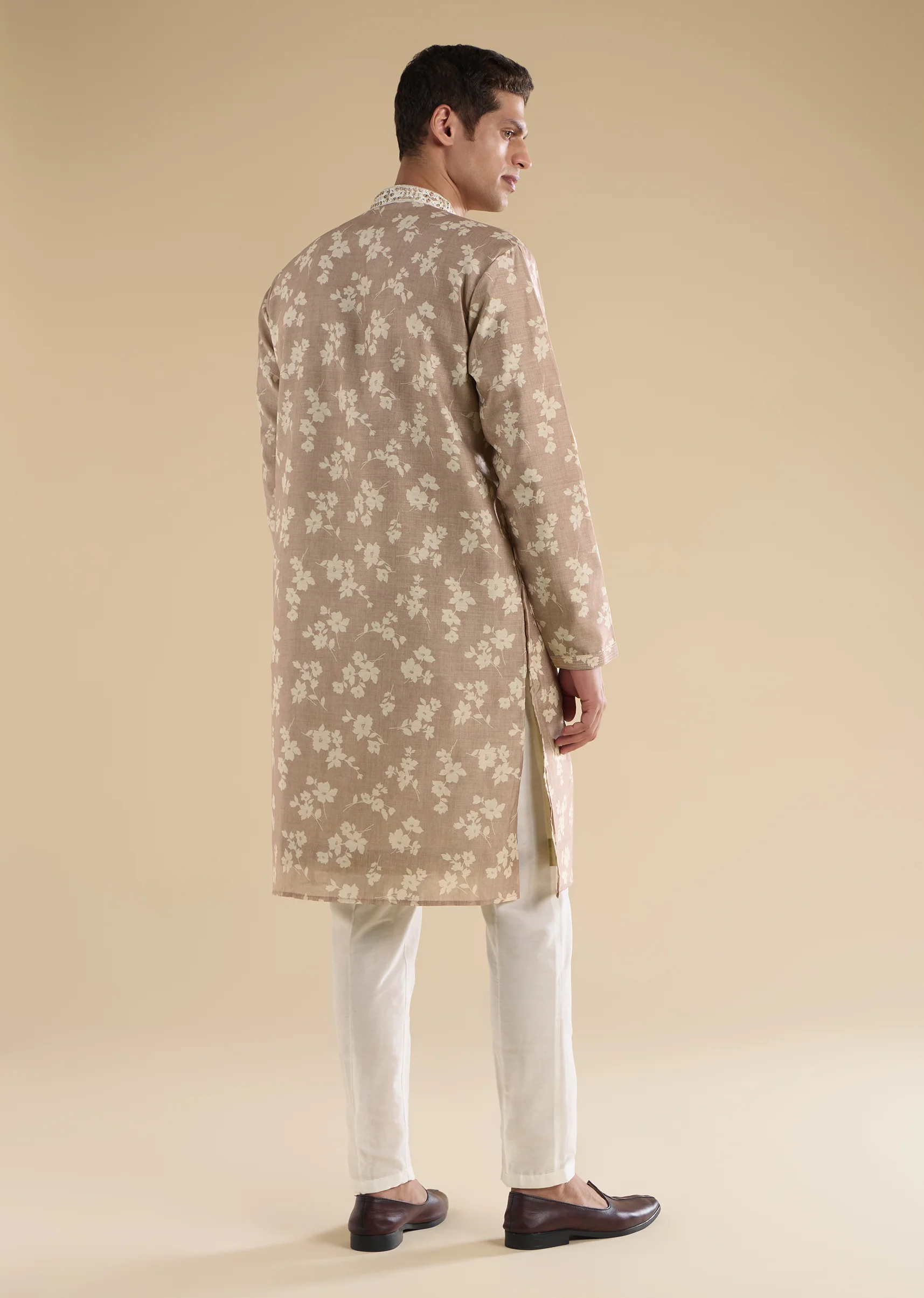 Beige Floral Coordinated Look – Crepe Zari Kurta Set For Her And Beige Embroidered Kurta Set For Him - Image 11