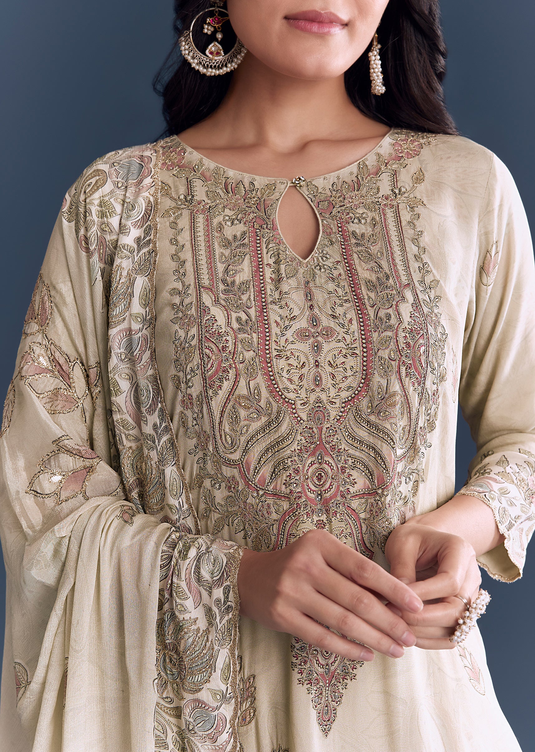 Beige Floral Coordinated Look – Crepe Zari Kurta Set For Her And Beige Embroidered Kurta Set For Him - Image 2