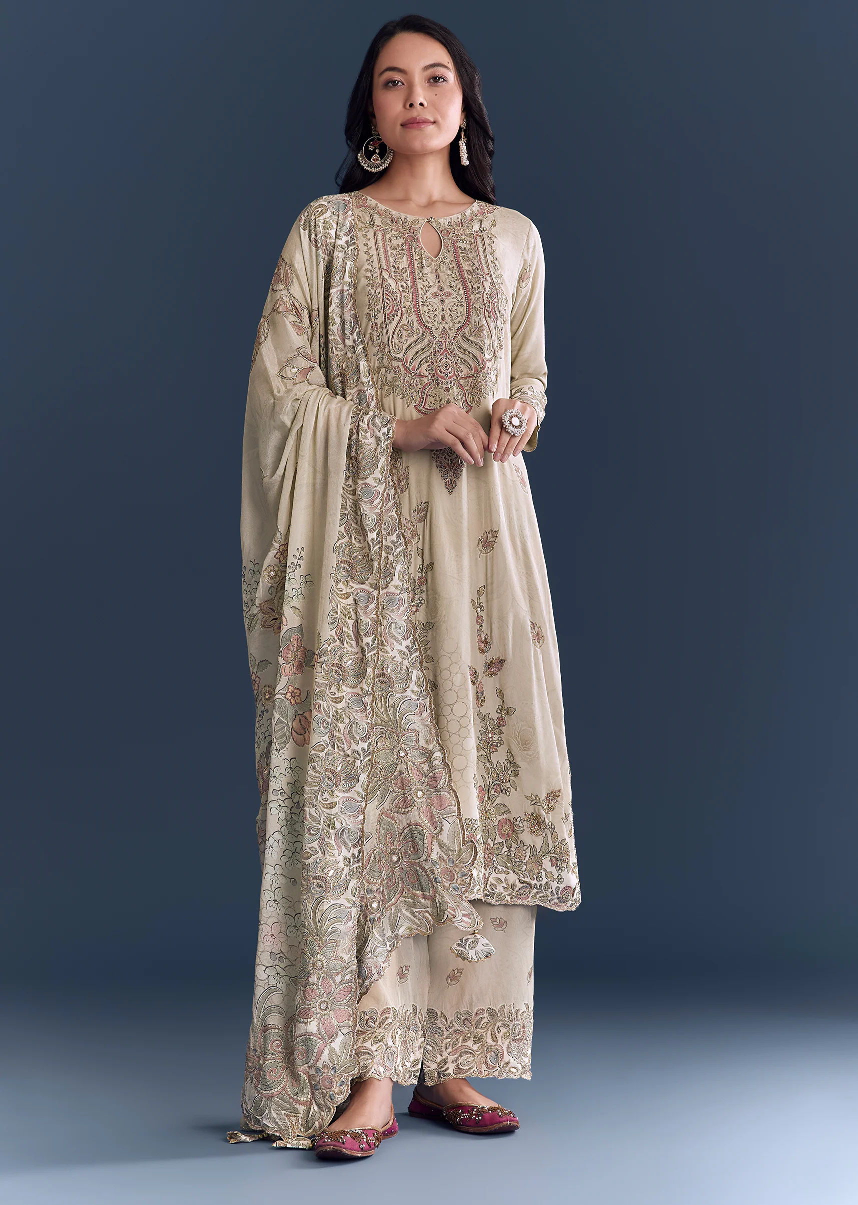 Beige Floral Coordinated Look – Crepe Zari Kurta Set For Her And Beige Embroidered Kurta Set For Him - Image 3