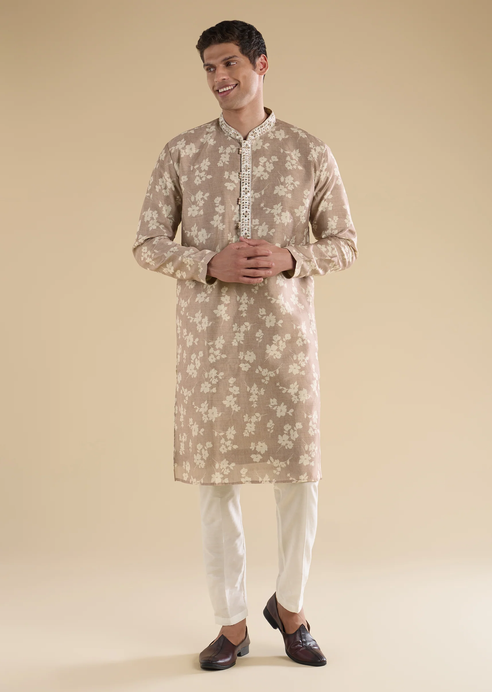 Beige Floral Coordinated Look – Crepe Zari Kurta Set For Her And Beige Embroidered Kurta Set For Him - Image 9