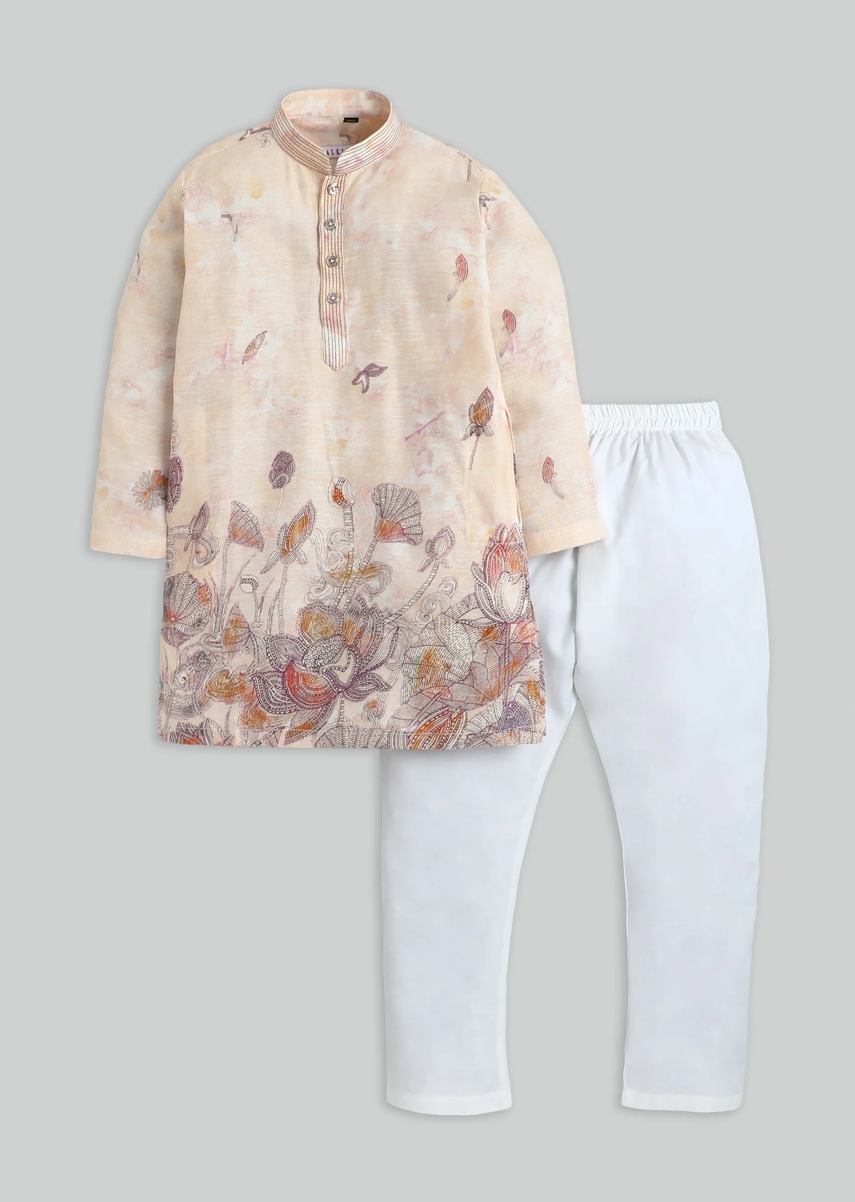 Beige Floral Kurta Set For Boys