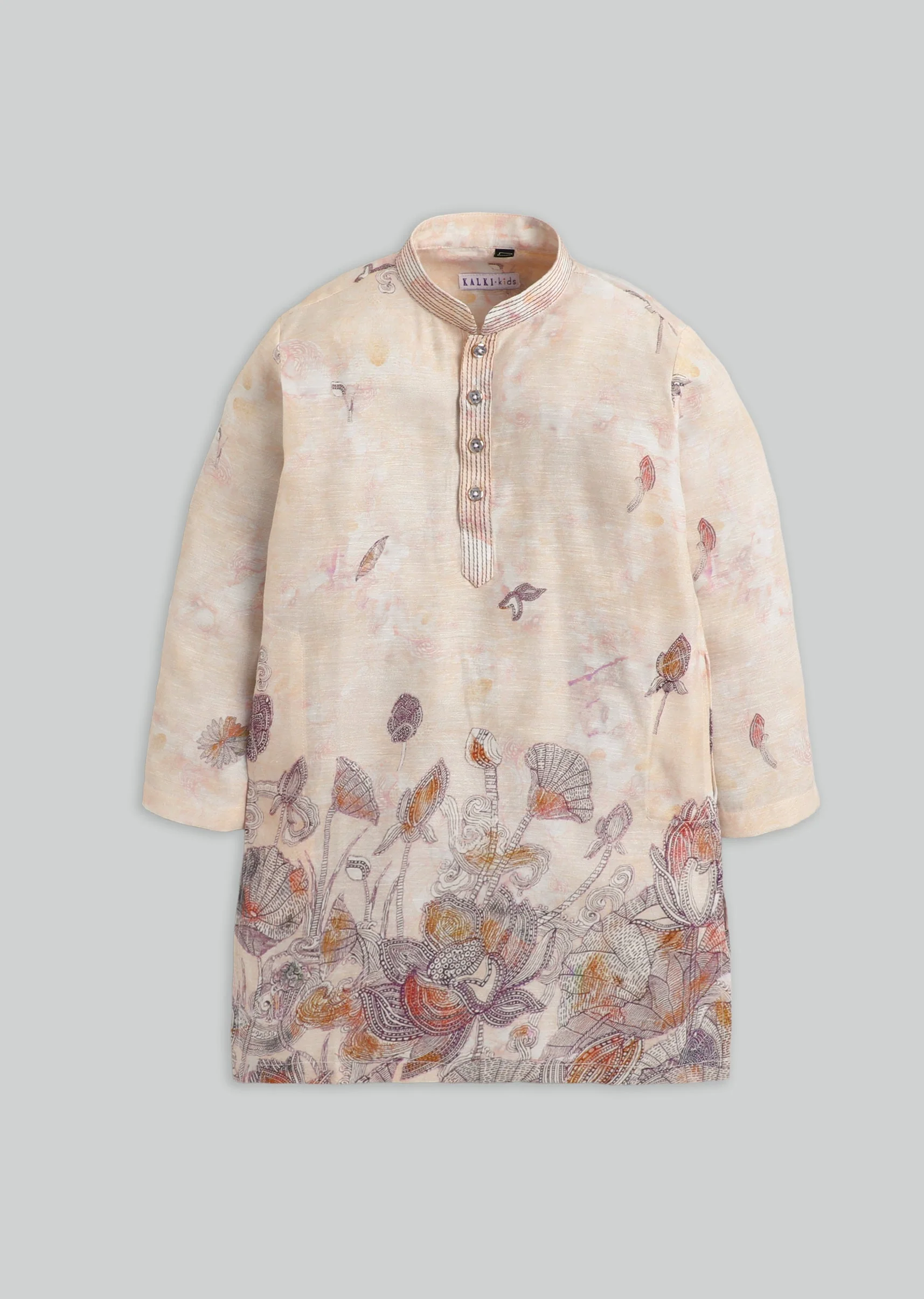 Beige Floral Kurta Set For Boys - Image 2
