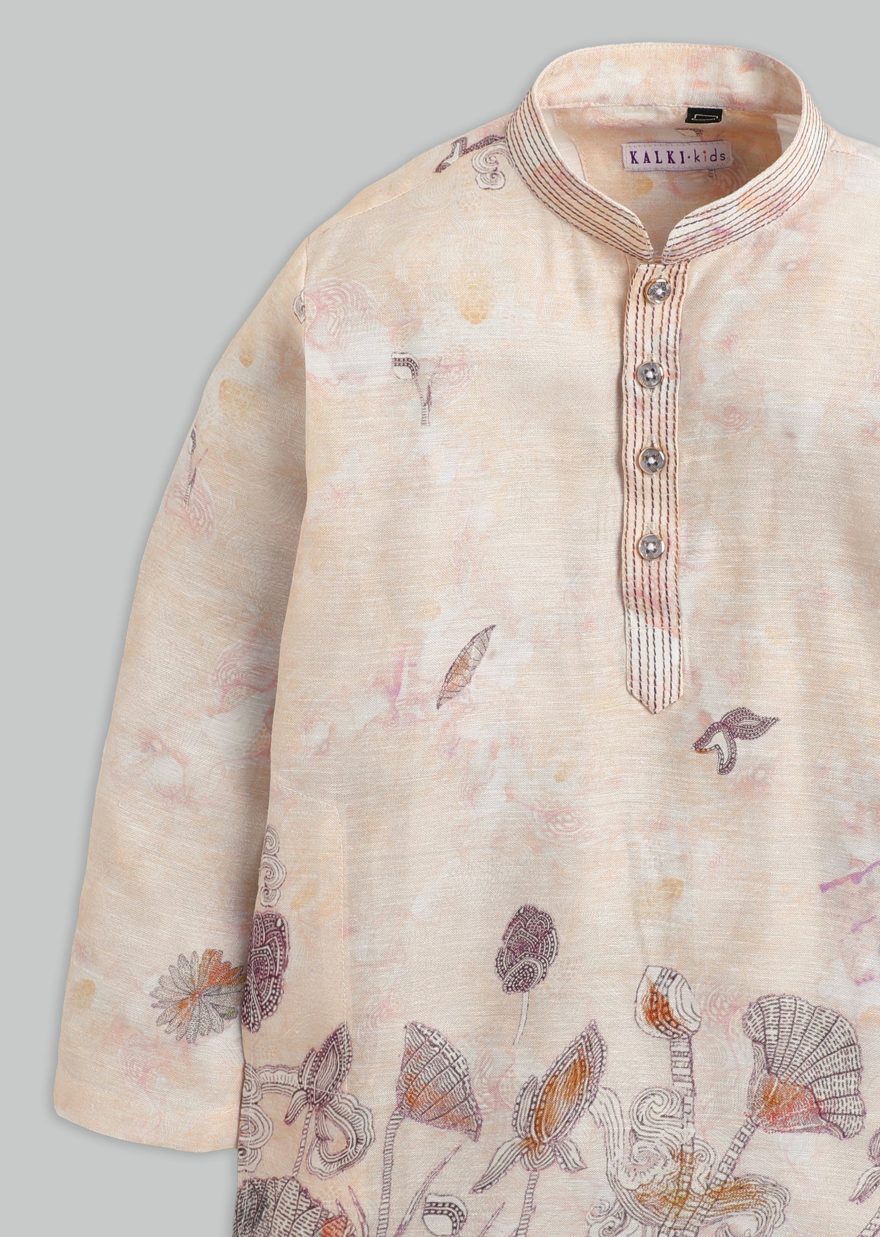 Beige Floral Kurta Set For Boys - Image 5