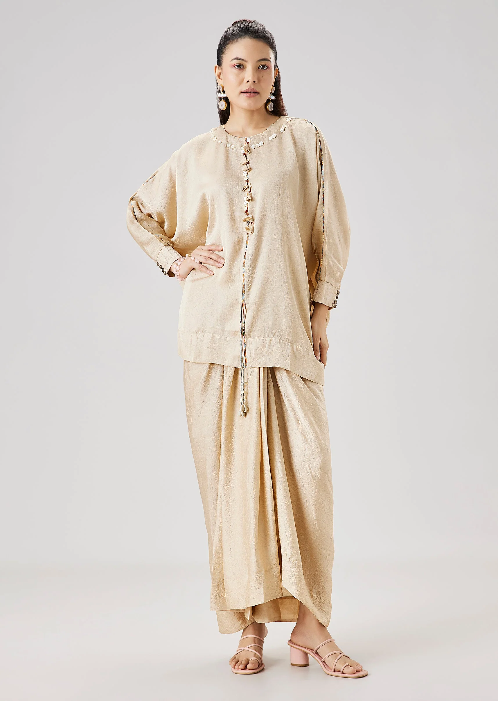 Beige Floral Printed Cape And Drape Skirt Set - Image 5