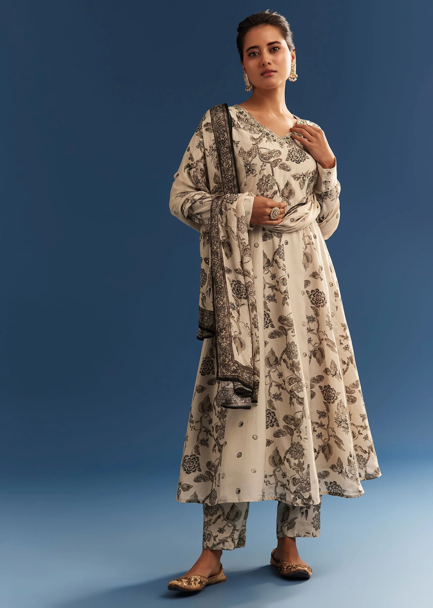 Beige Floral Printed Crepe Anarkali Set With Chinon Dupatta - Image 3