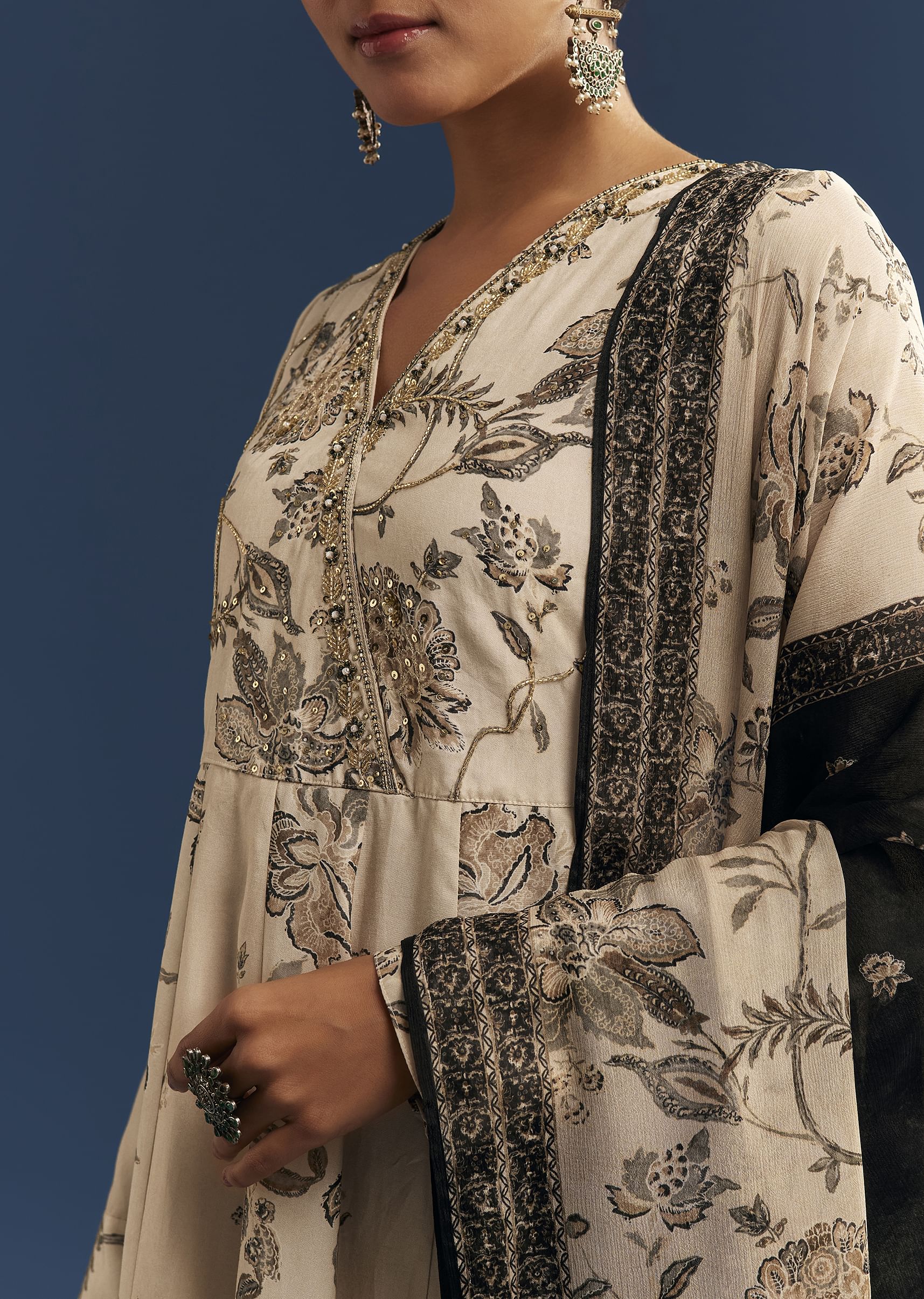 Beige Floral Printed Crepe Anarkali Set With Embroidered Neckline - Image 2