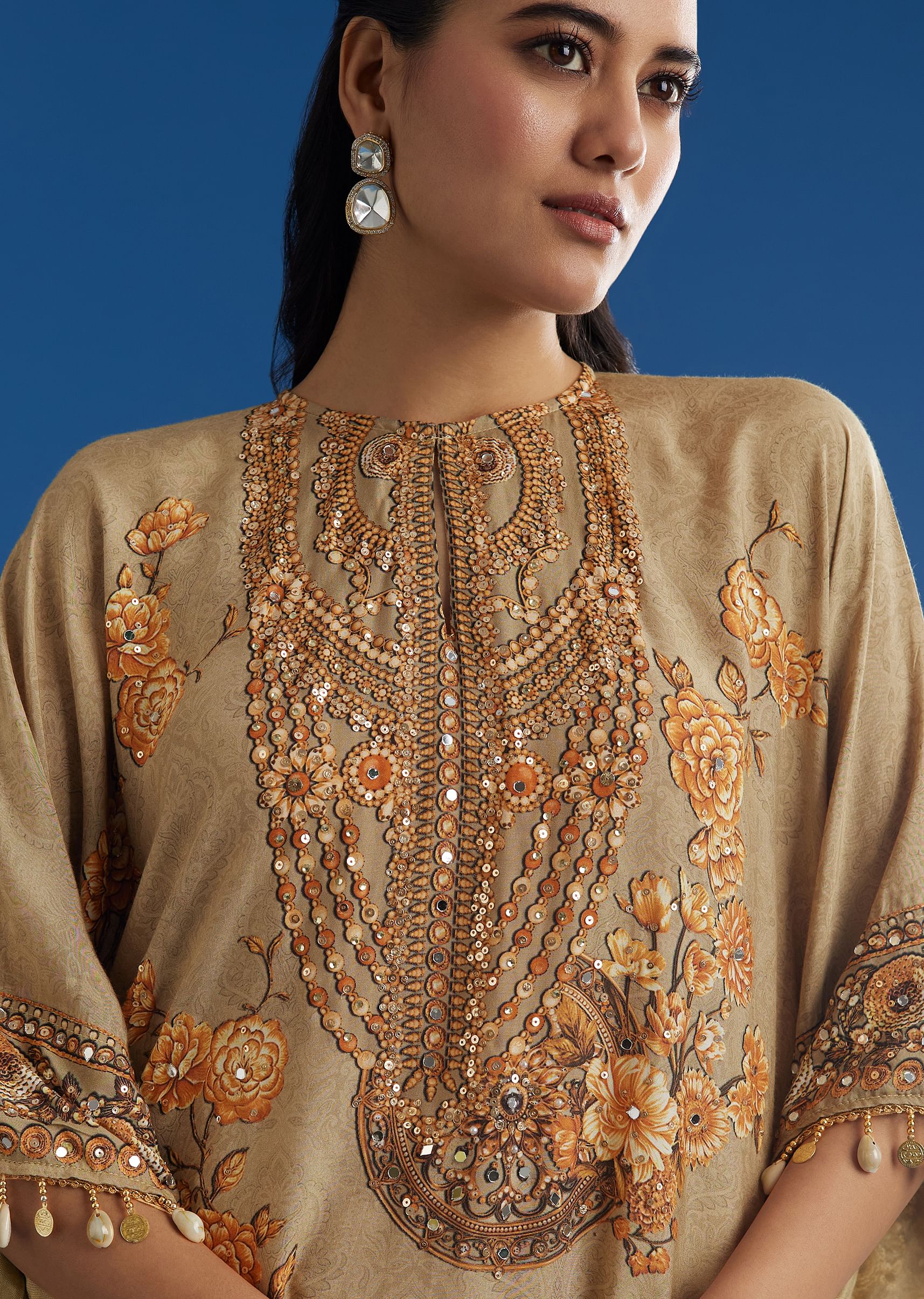 Beige Floral Printed Kaftan Dhoti Set With Shells And Metal Coin Tassels - Image 2