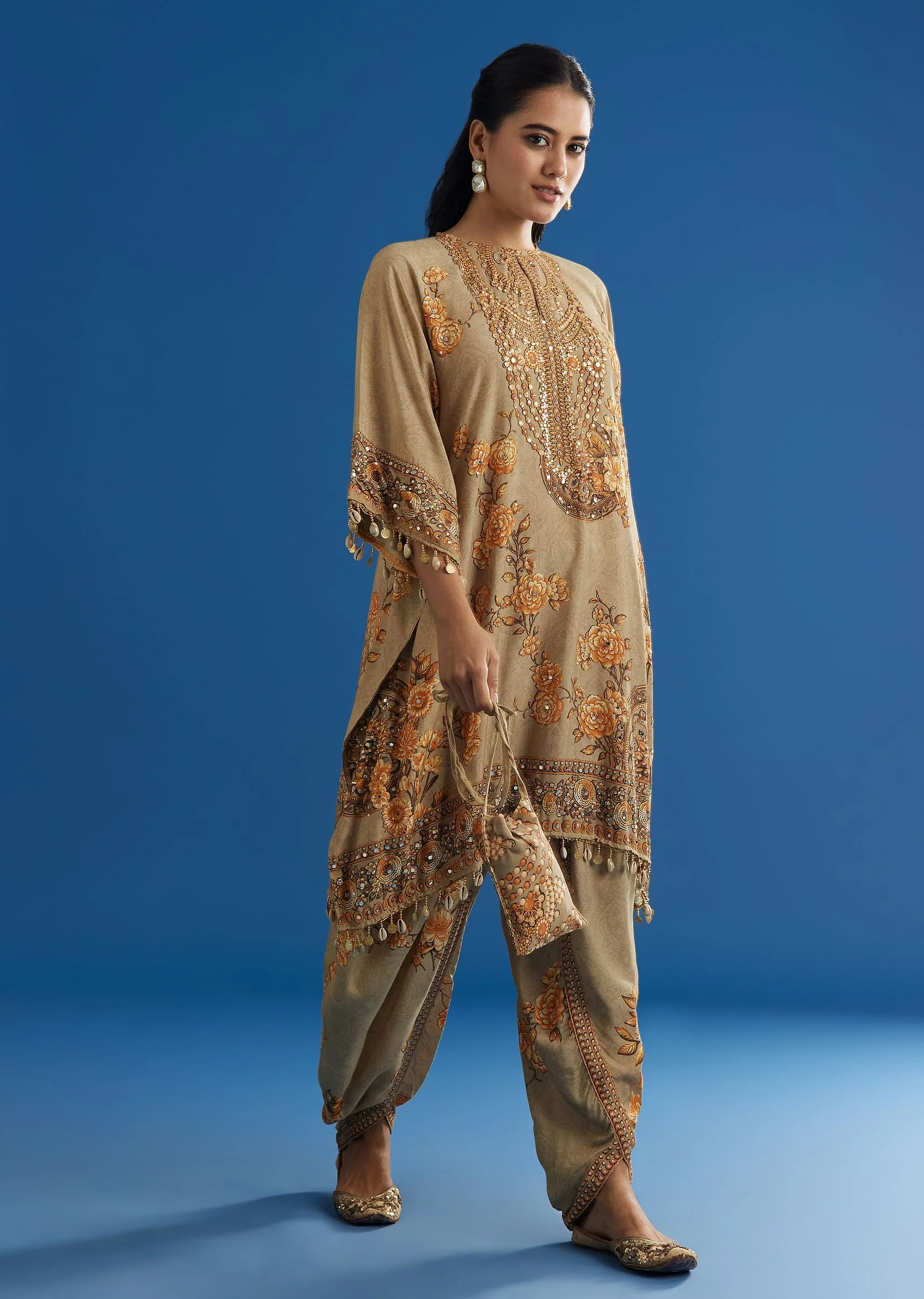 Beige Floral Printed Kaftan Dhoti Set With Shells And Metal Coin Tassels - Image 3