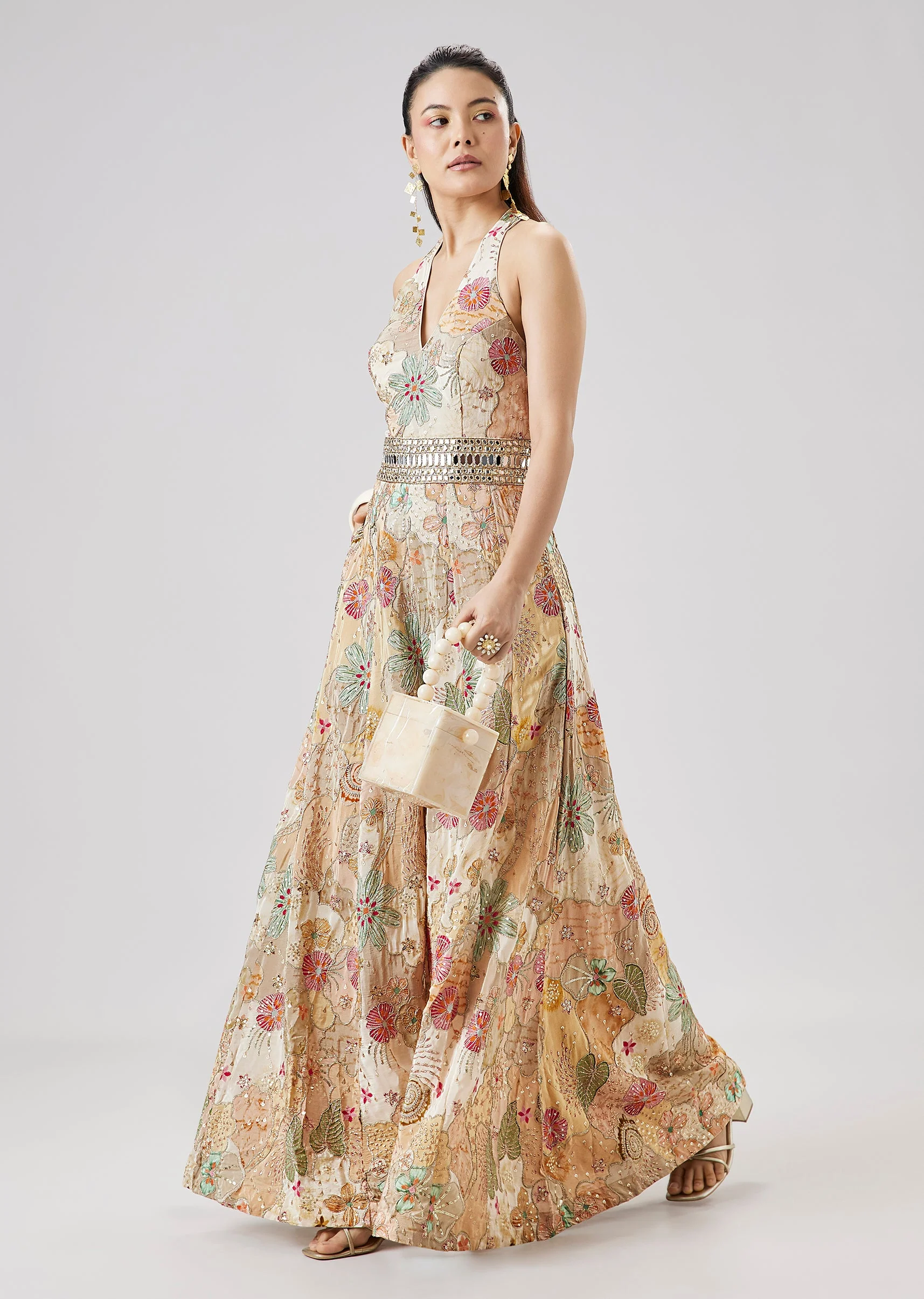 Beige Floral Printed Zari And Mirror Work Jumpsuit