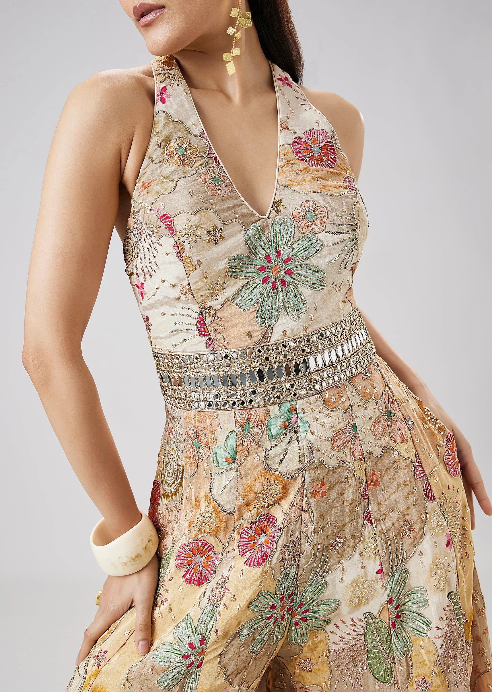 Beige Floral Printed Zari And Mirror Work Jumpsuit - Image 2