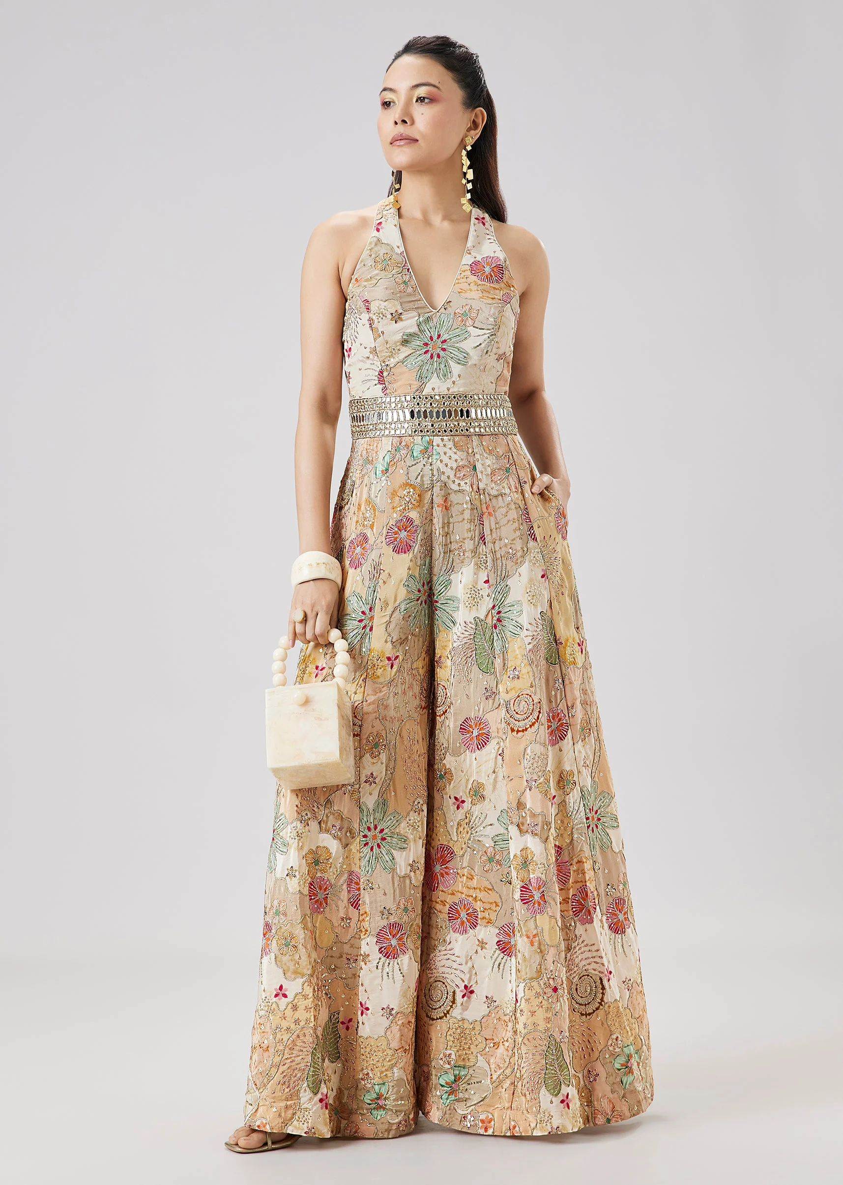 Beige Floral Printed Zari And Mirror Work Jumpsuit - Image 3