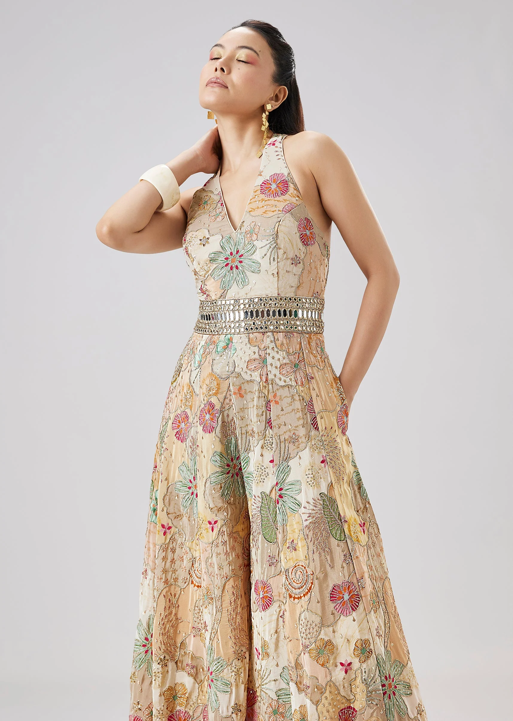 Beige Floral Printed Zari And Mirror Work Jumpsuit - Image 4