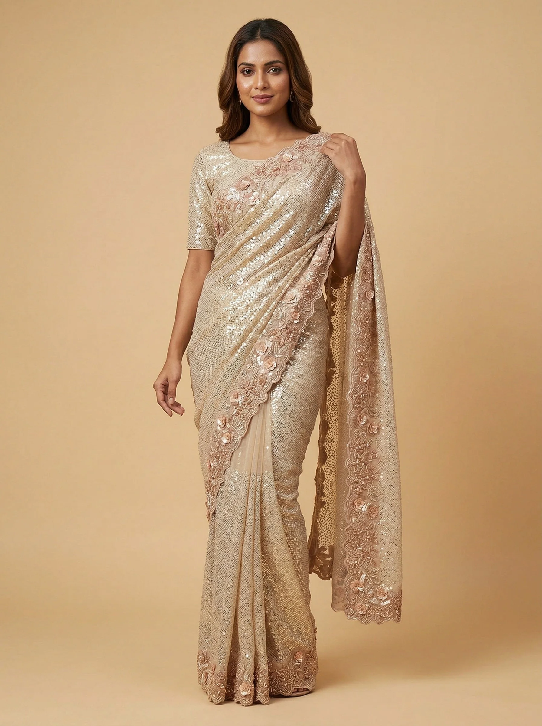 Beige Flowing Embroidered Saree