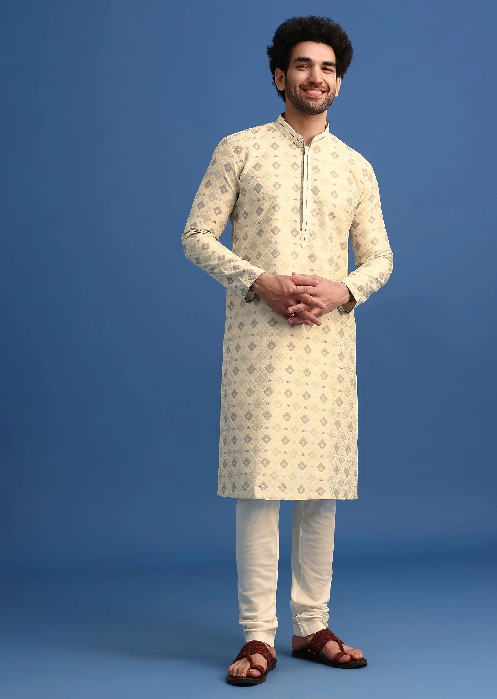 Beige Foil Print Kurta Set - Image 2
