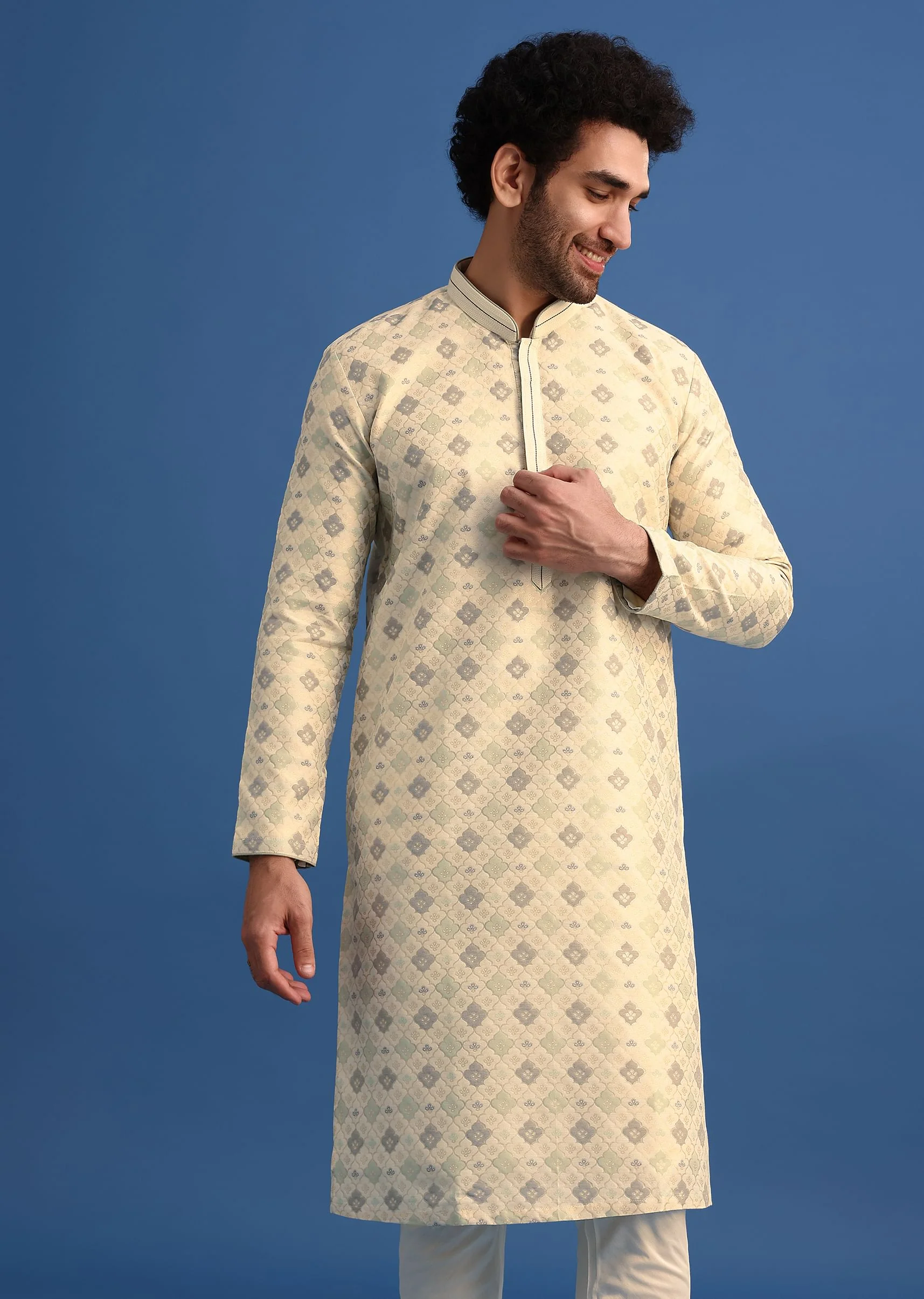 Beige Foil Print Kurta Set - Image 3