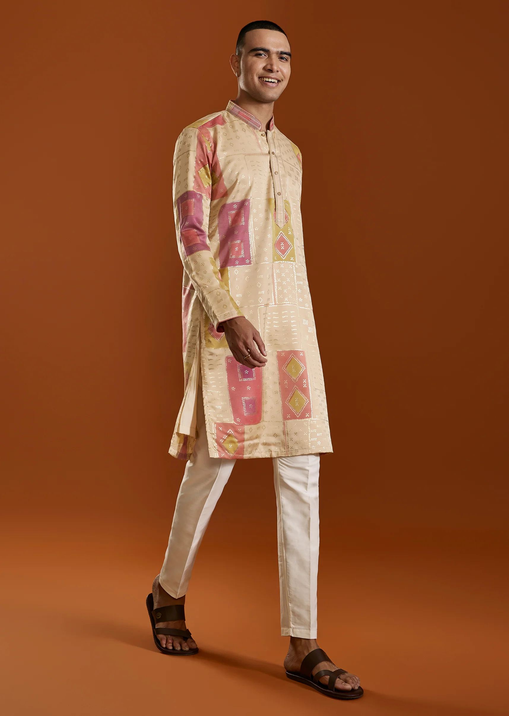 Beige Foil Print Silk Kurta Set