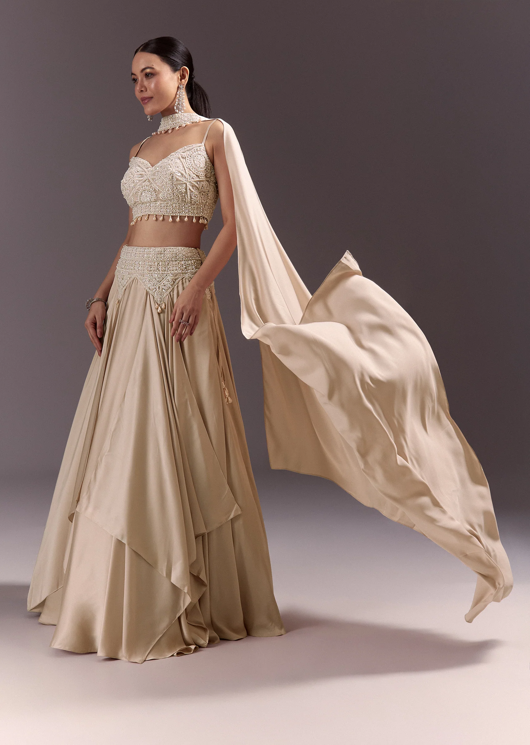 Beige Frill Skirt And Embroidered Blouse Set With Choker Dupatta - Image 3