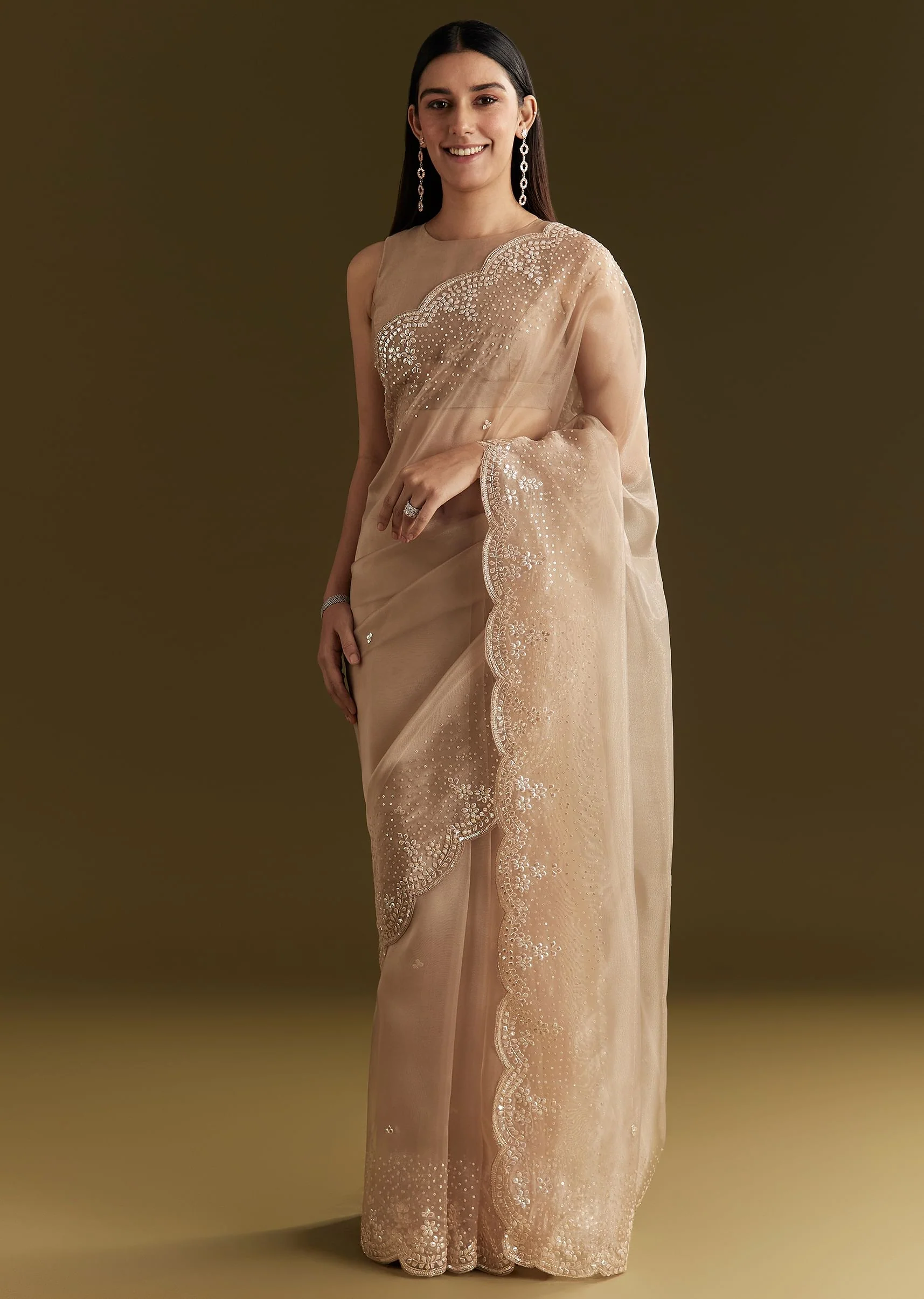 Beige Glass Tissue Embroidered Saree With Scallop Border - Image 2